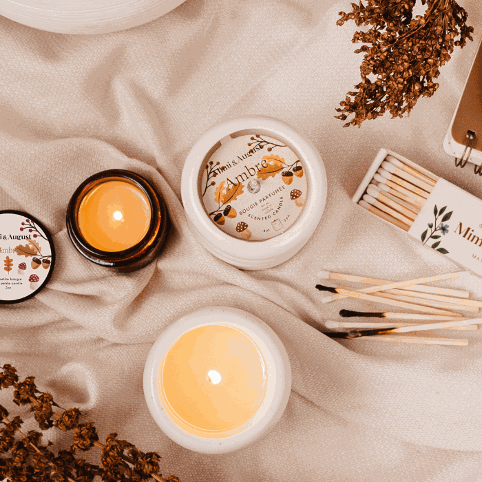 A cozy table with fall candles and matches from Mimi & August