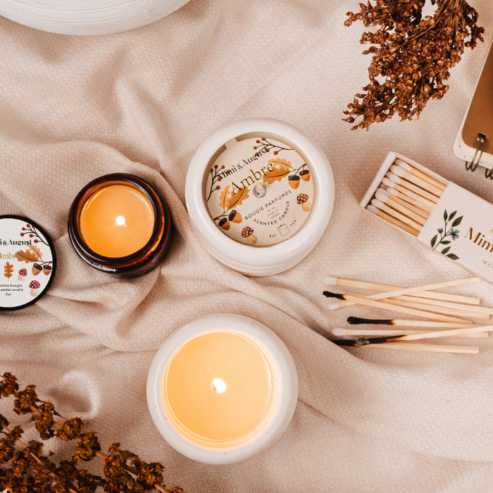 A cozy table with fall candles and matches from Mimi & August