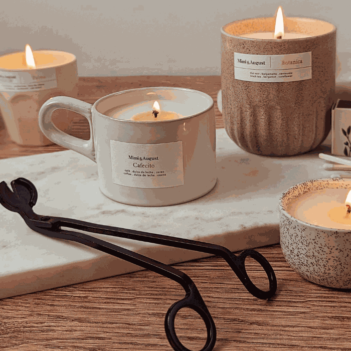 soy candle with wick trimmer for candle care
