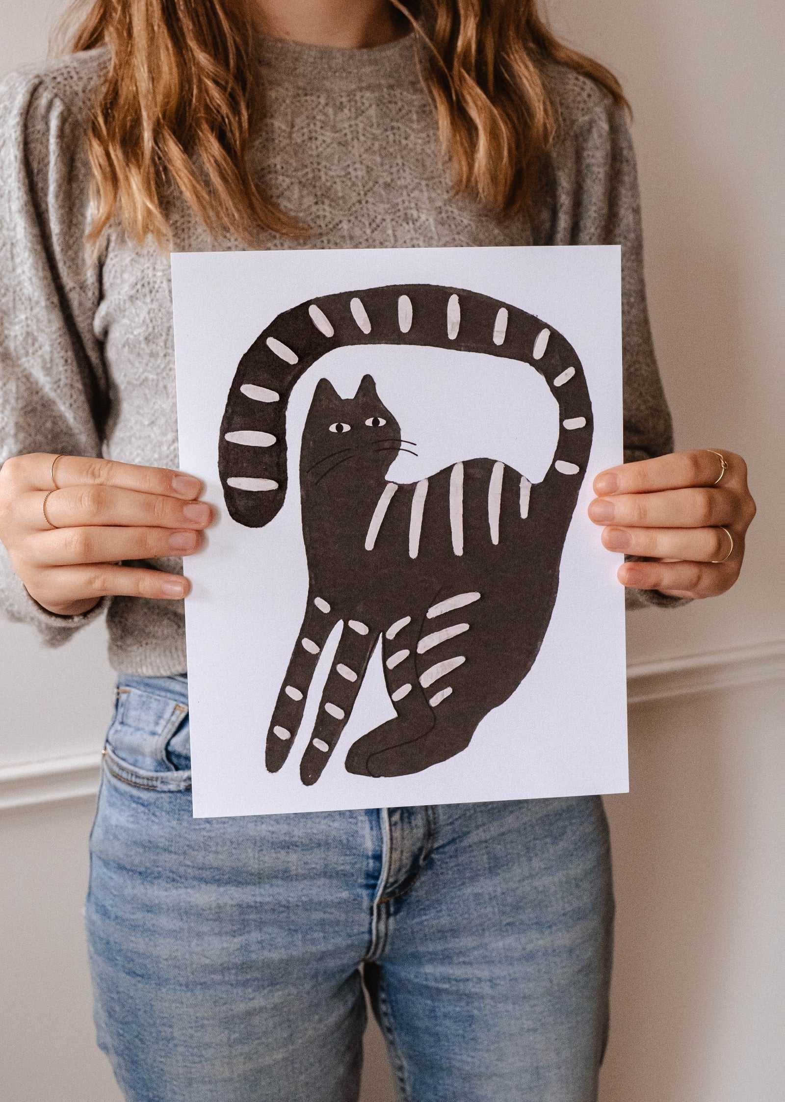 Calm black cat art print on recycled paper with peaceful design from Montreal