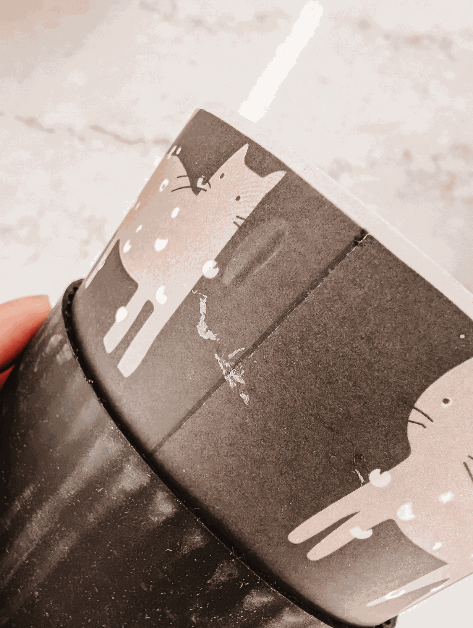 A person holding a Defect Café Yo Cup with a cat on it from Mimi & August.
