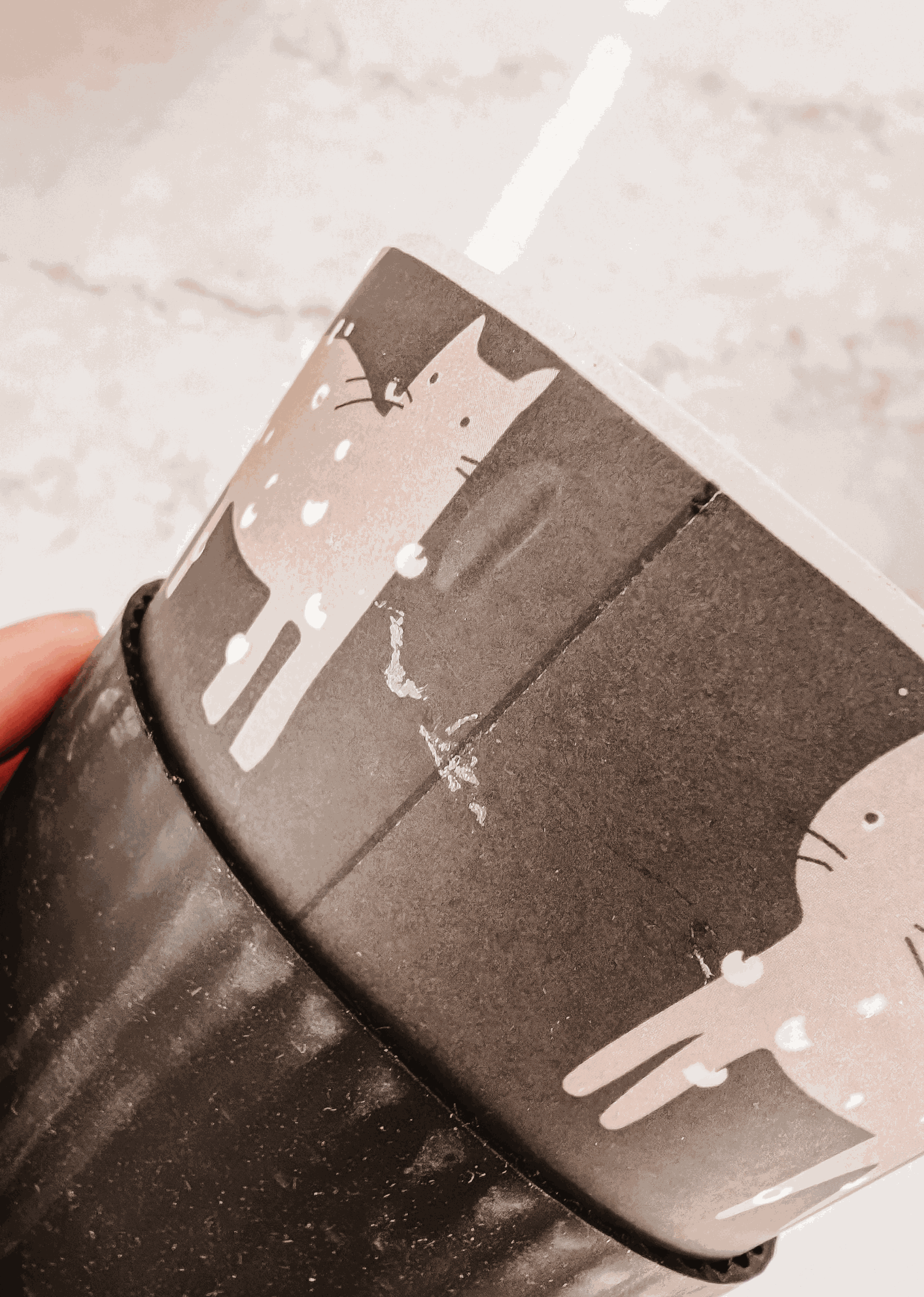 A person holding a Defect Café Yo Cup with a cat on it from Mimi & August.