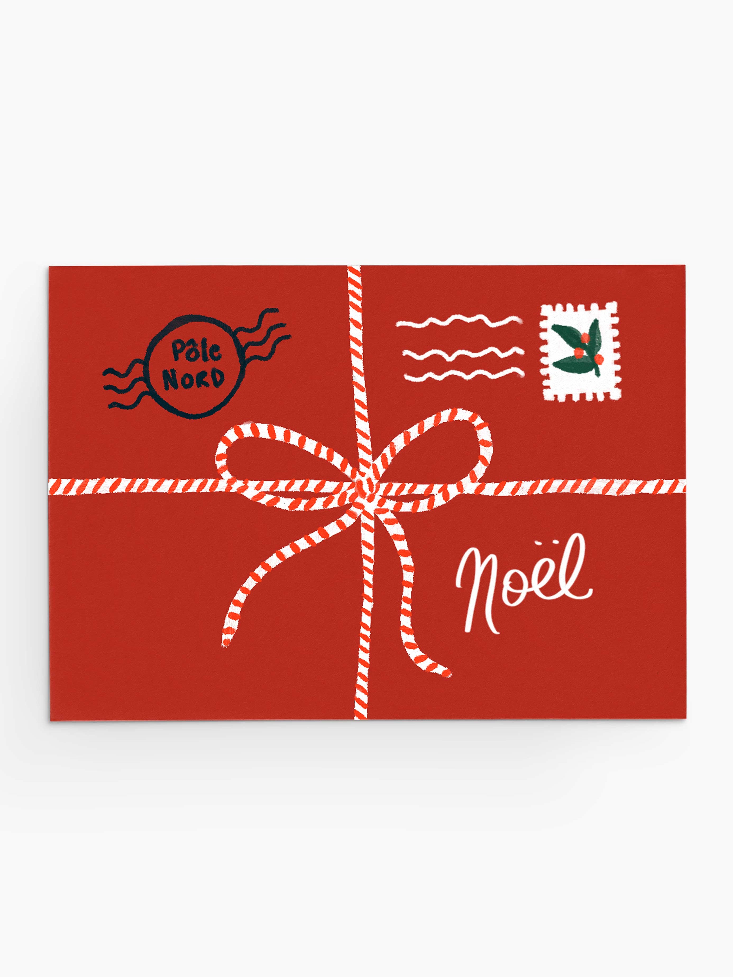 This Christmas greeting card, "A Little Note to Santa" by Mimi & August, is crafted from recycled paper. It features a red envelope with a striped ribbon design and the word "Noël" on the front, adorned with postal marks and a stamp.