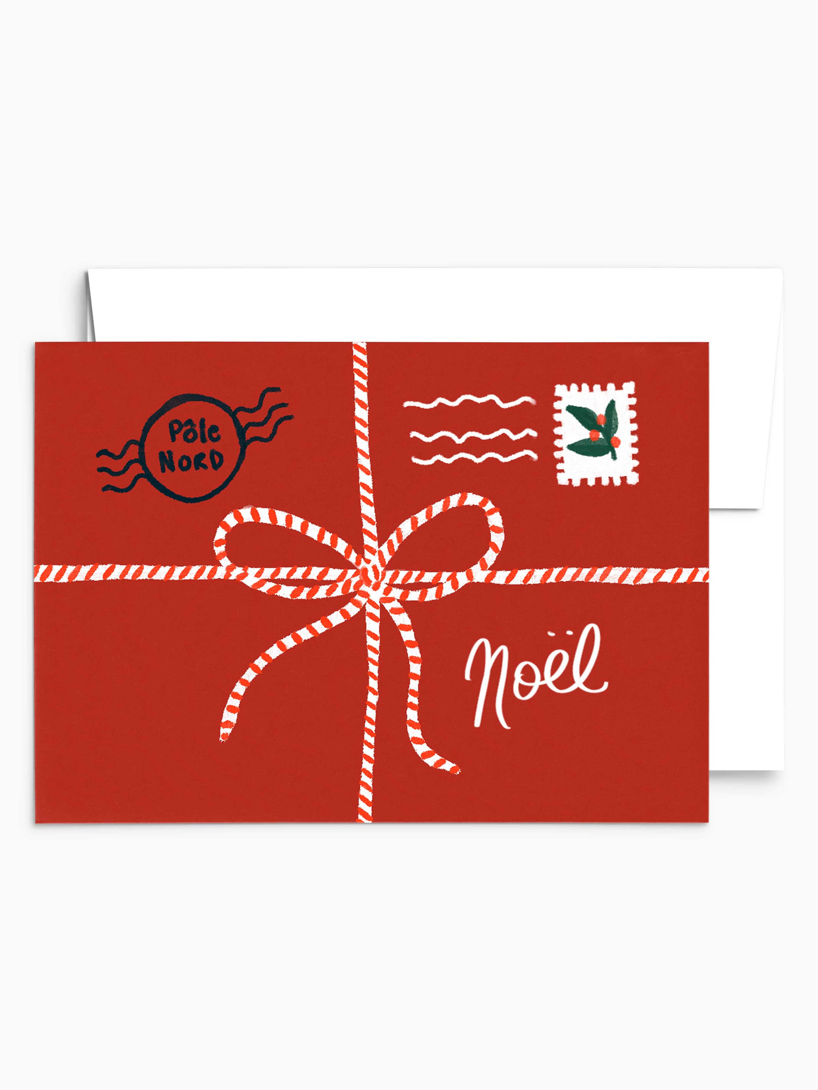Introducing the "A Little Note to Santa" Christmas Greeting Card by Mimi & August. This delightful card, crafted from recycled paper, showcases a red design adorned with a candy cane striped bow and white text reading "Noël." It adds a festive touch with its stamp and postmark from "Pôle Nord," accompanied by an envelope.