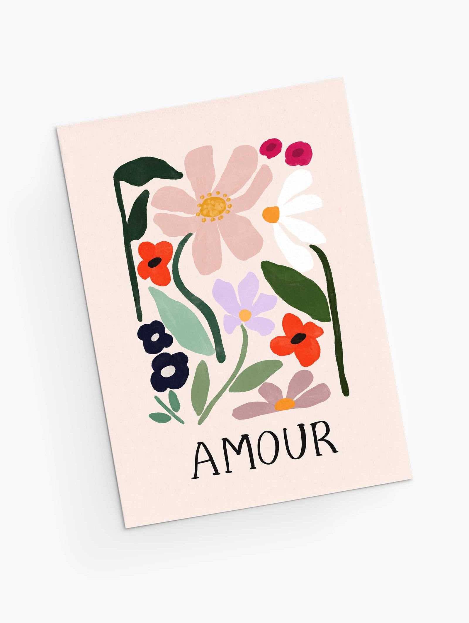 Amour greeting card by Mimi & August, made in Montreal. vibrant flowers written Amour on the card