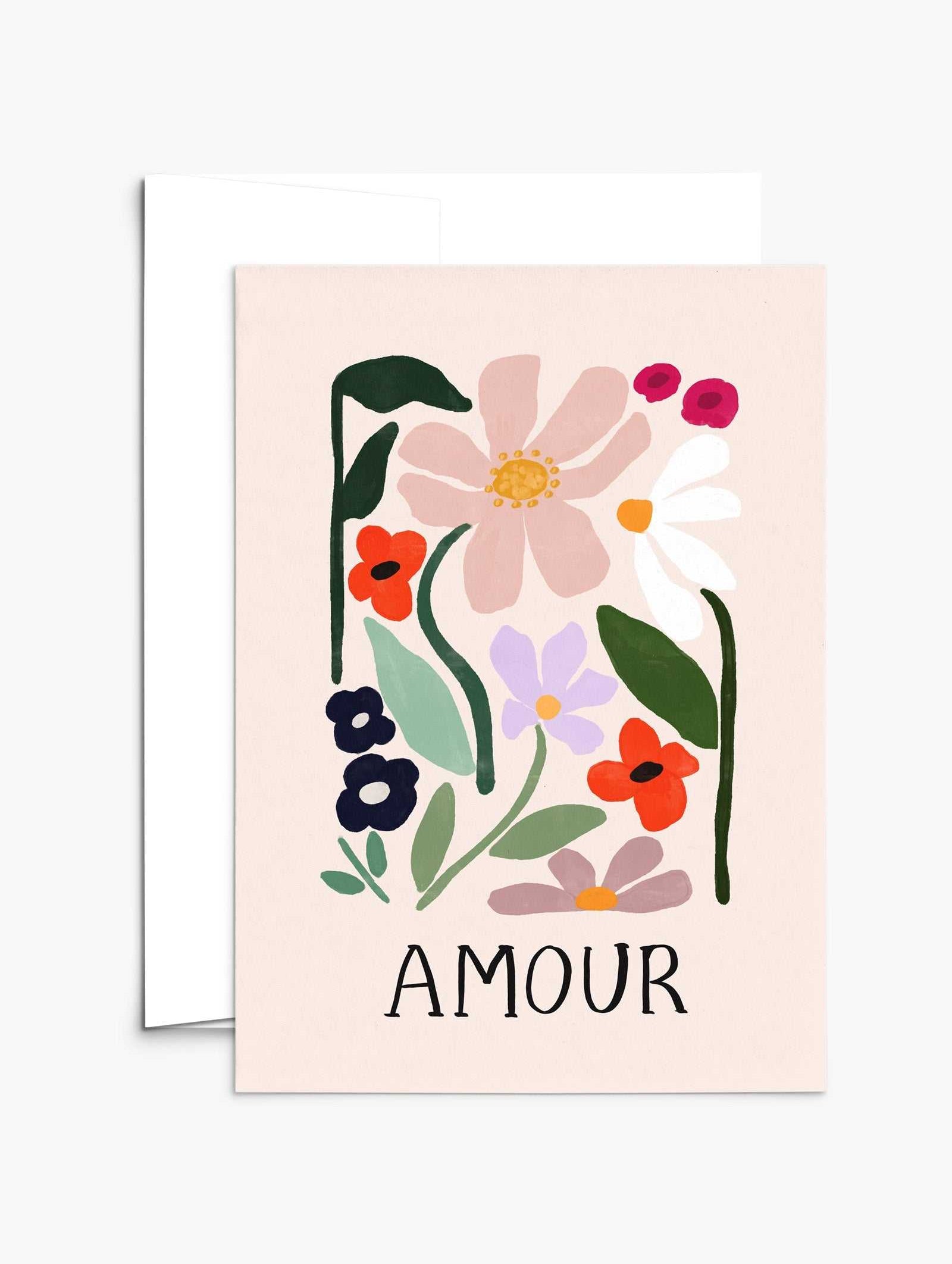 Amour greeting card with vibrant floral design on recycled paper