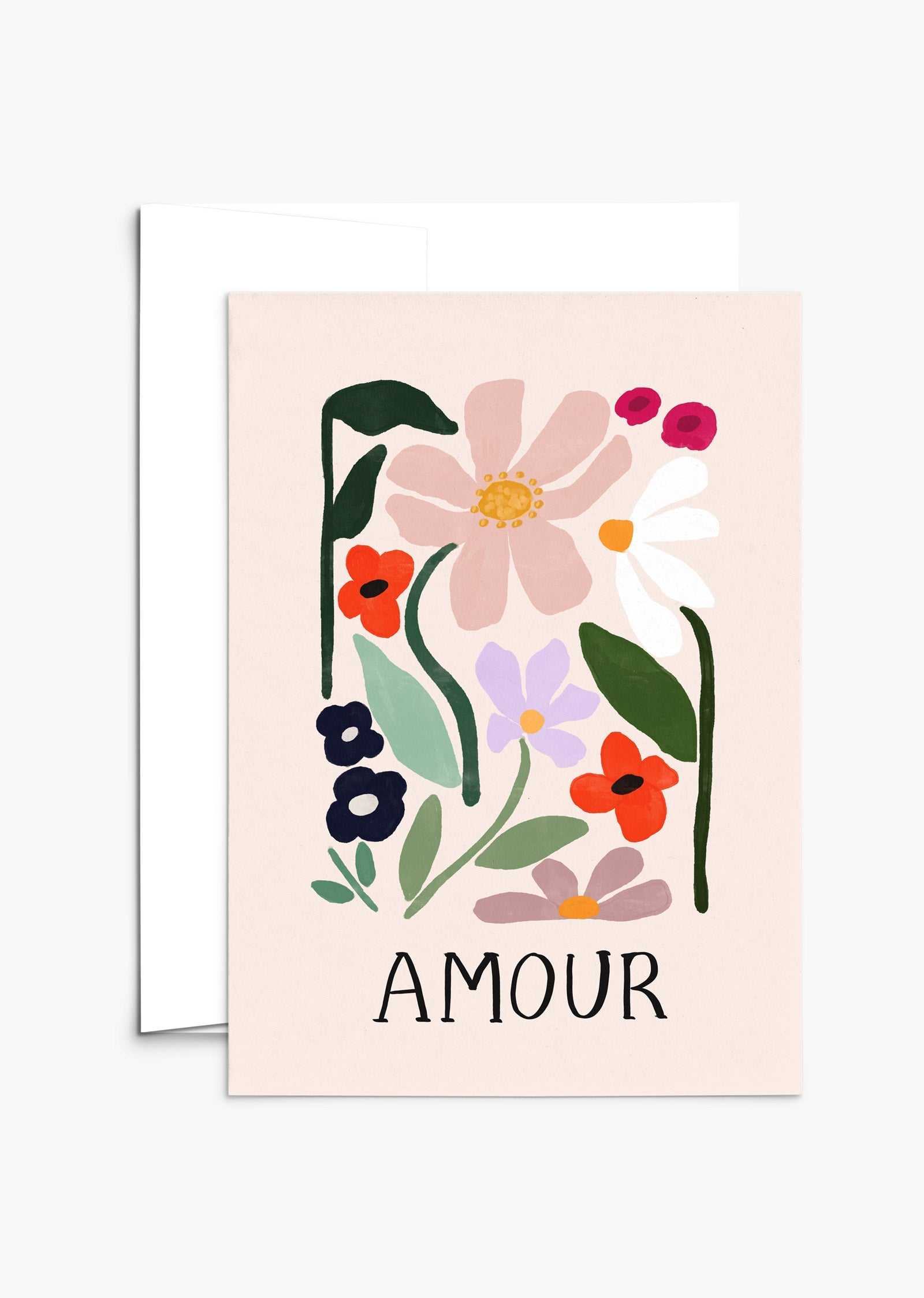 Amour greeting card with vibrant floral design on recycled paper