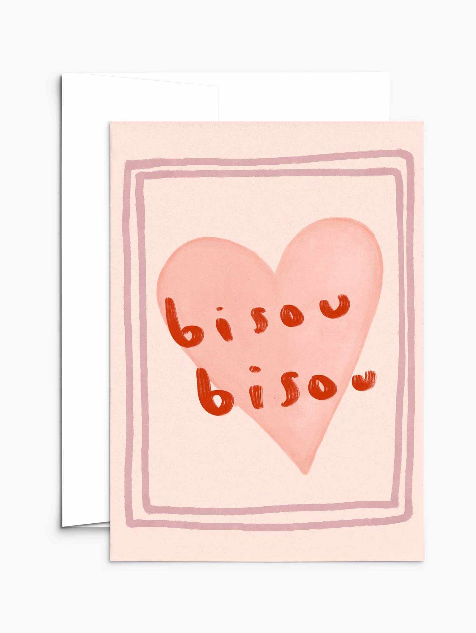 Bisou Bisou greeting card with pink heart and red lettering on recycled matte paper