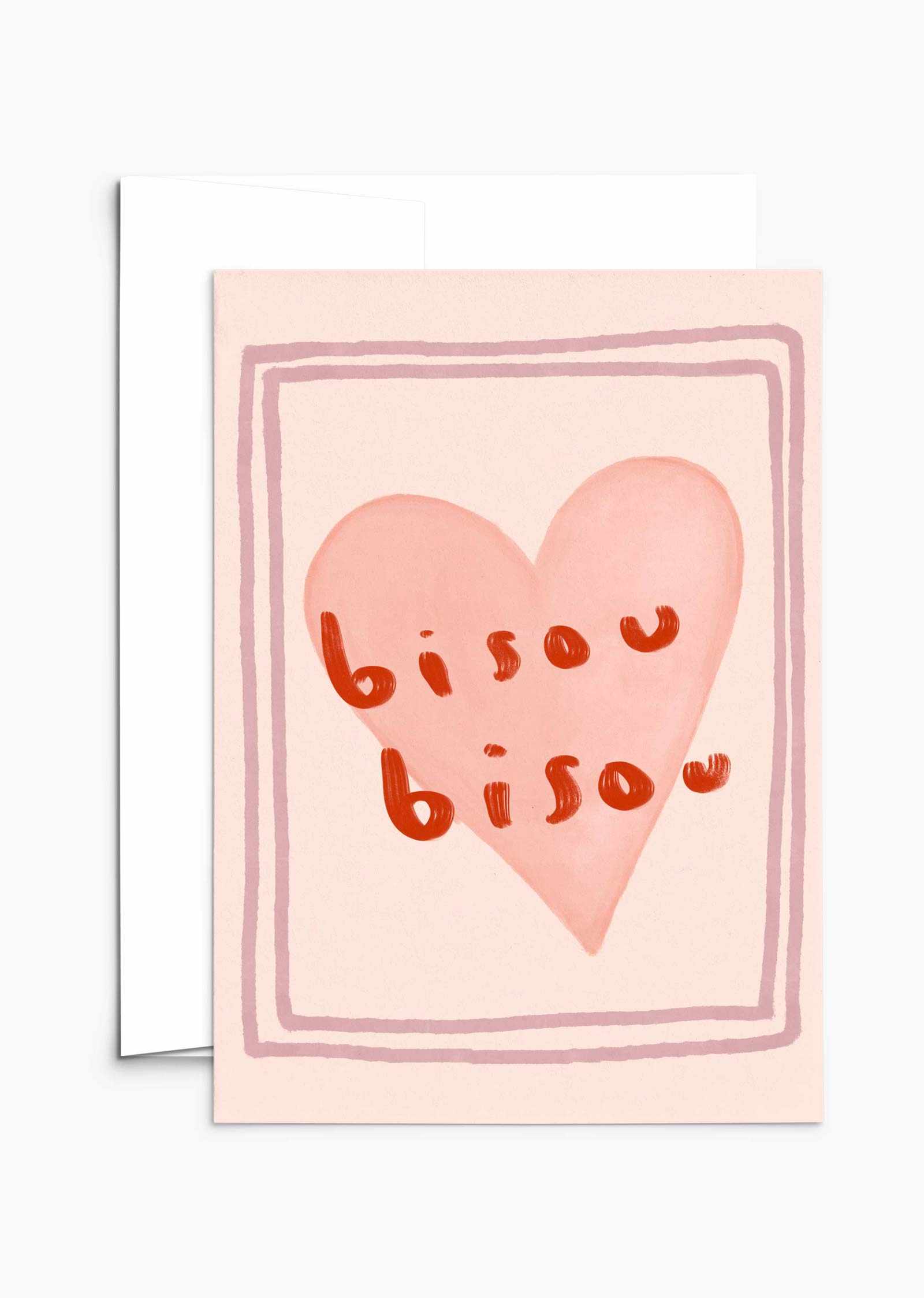Bisou Bisou greeting card with pink heart and red lettering on recycled matte paper