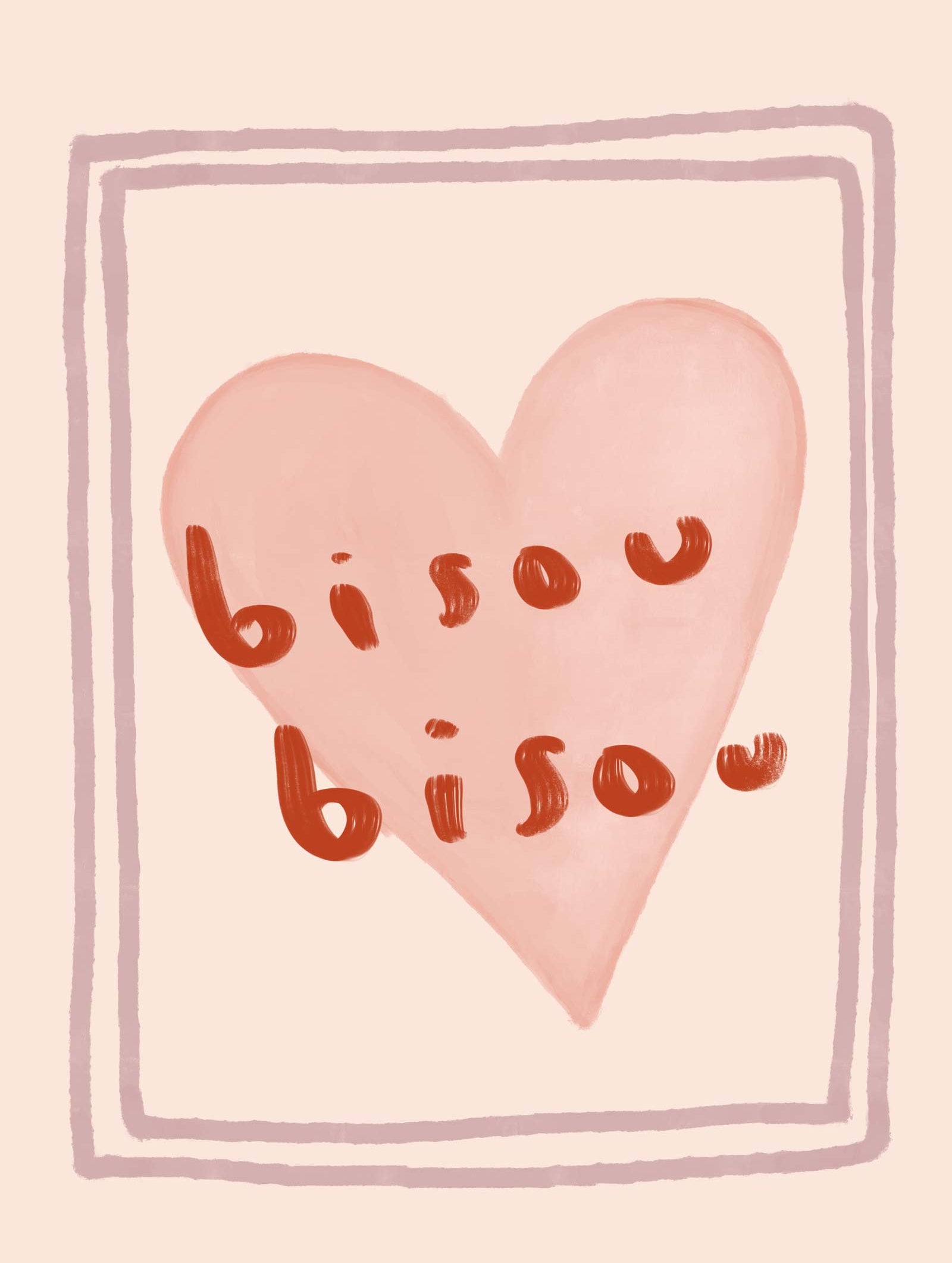 The Bisou Bisou Art Print by Mimi & August showcases a minimalist pink heart with "bisou bisou" inside, encased in a rectangular border on a beige background and is crafted on recycled paper.