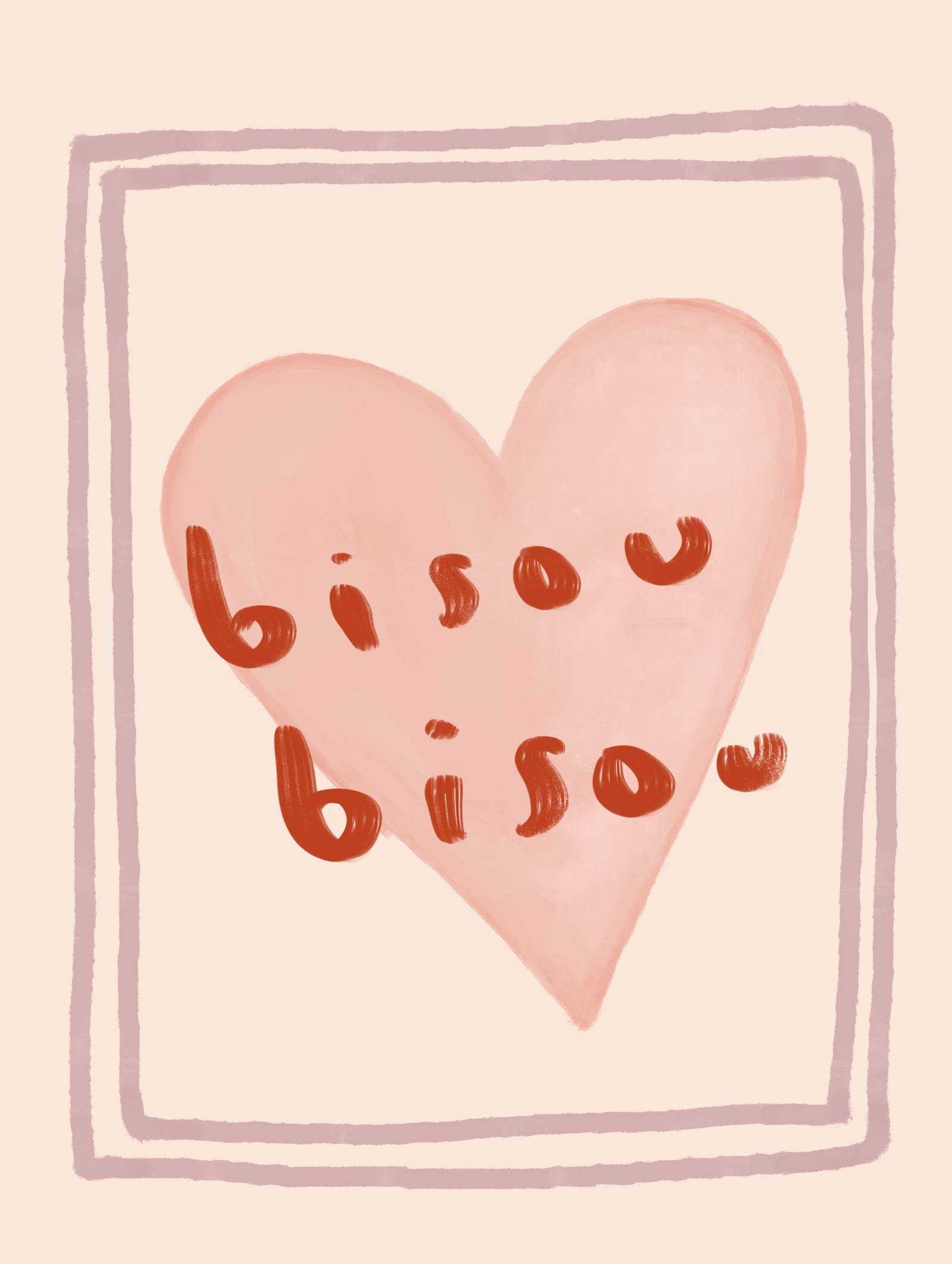 Bisou Bisou Art Print hand-illustrated pink heart with red lettering minimalist design