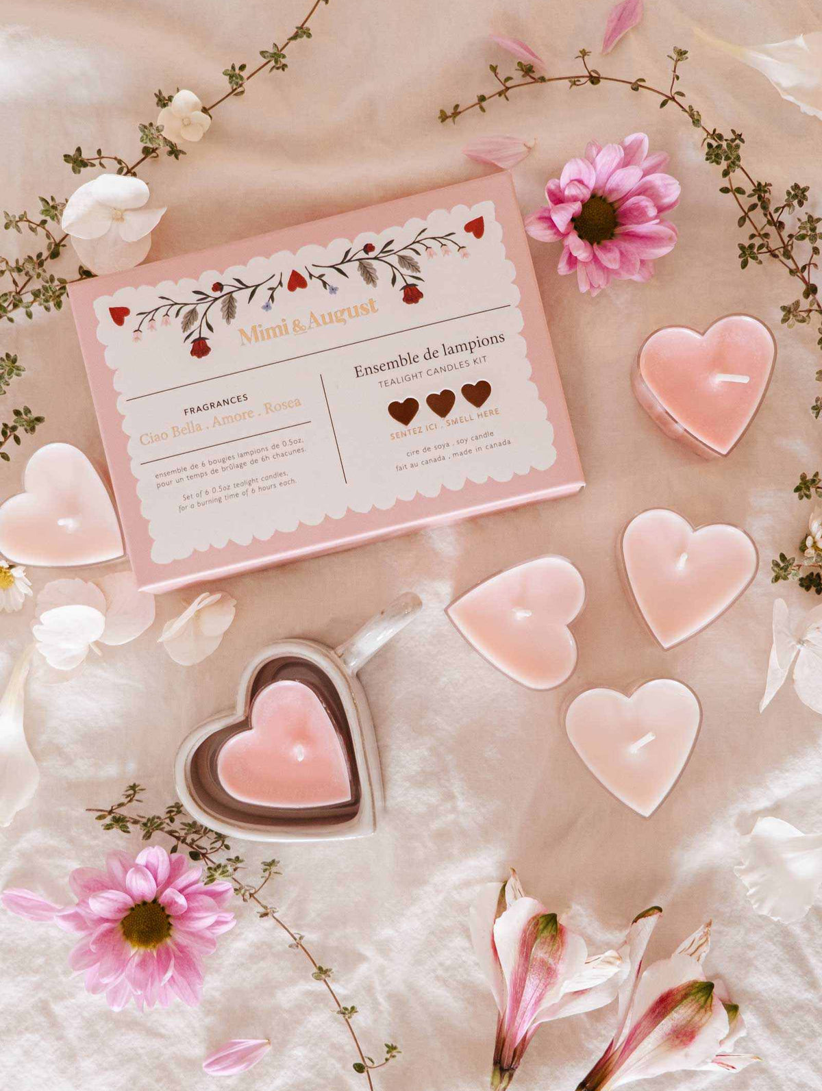 Six heart-shaped soy tealight candles in a Little Hearts tealight candle set for cozy, romantic ambiance