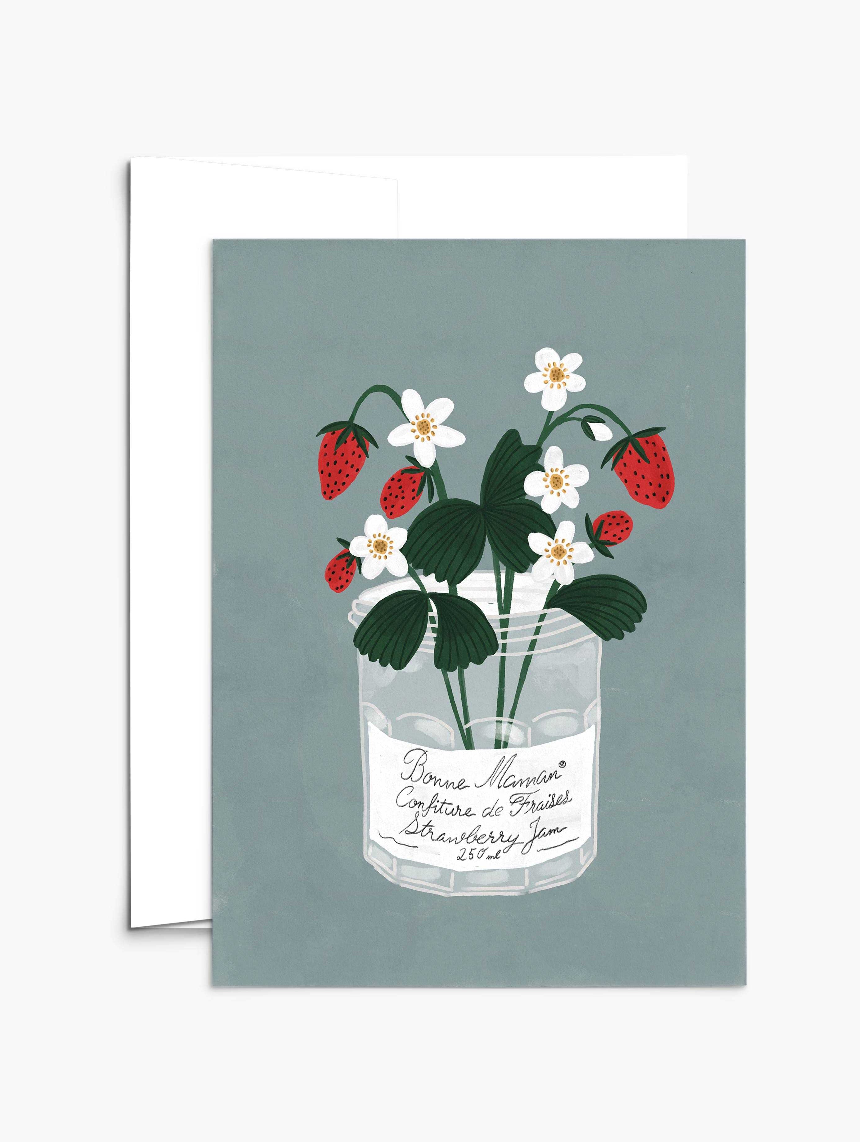 Bonne Maman Mother's Day card with empty jam pot and strawberry design on recycled paper