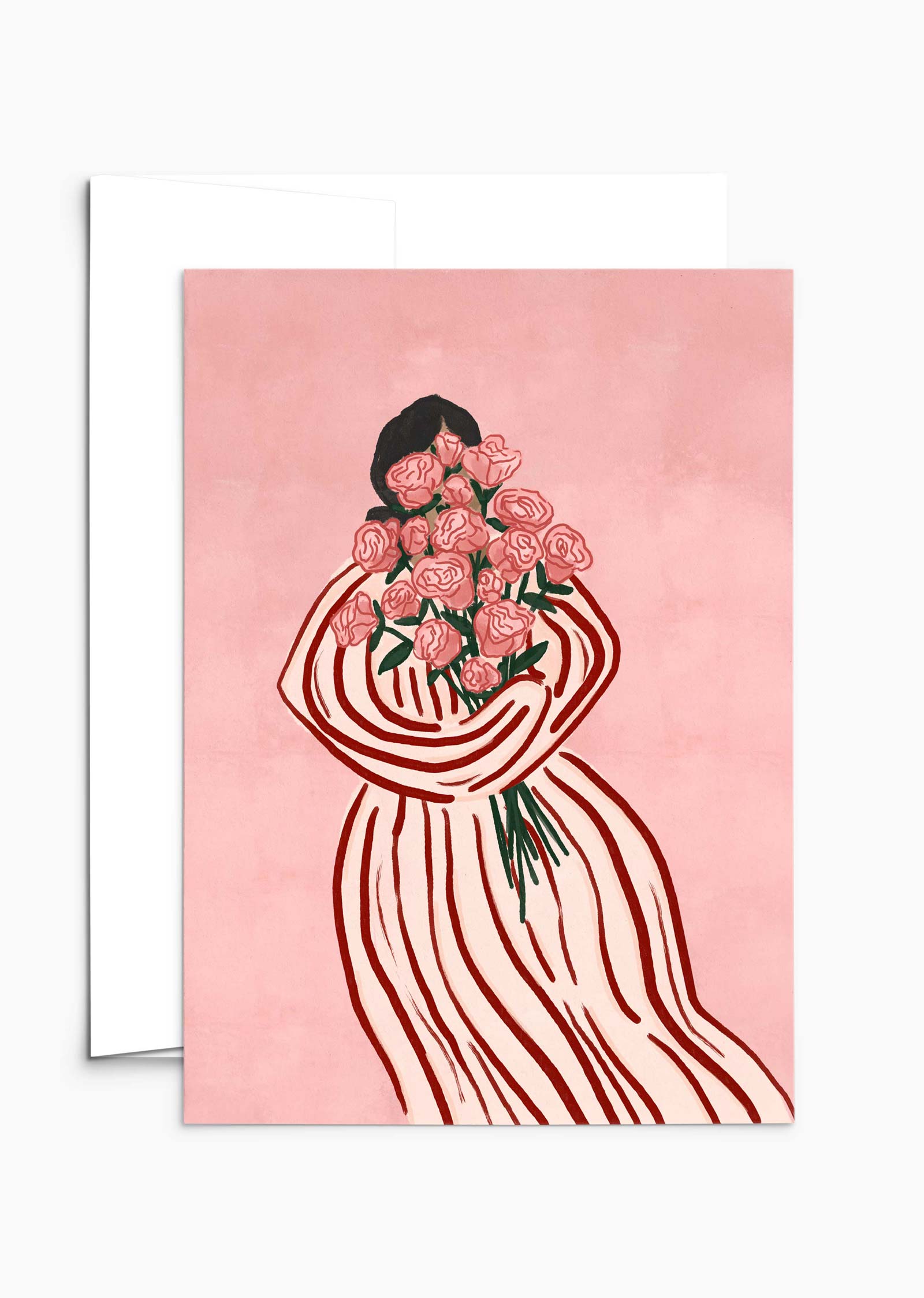 Mimi & August's "Bouquet of Roses Greeting Card" features a person in a striped dress holding pink roses against a pink background. The elegant floral design is printed on recycled paper, making it both timeless and eco-friendly, perfect for any special occasion.