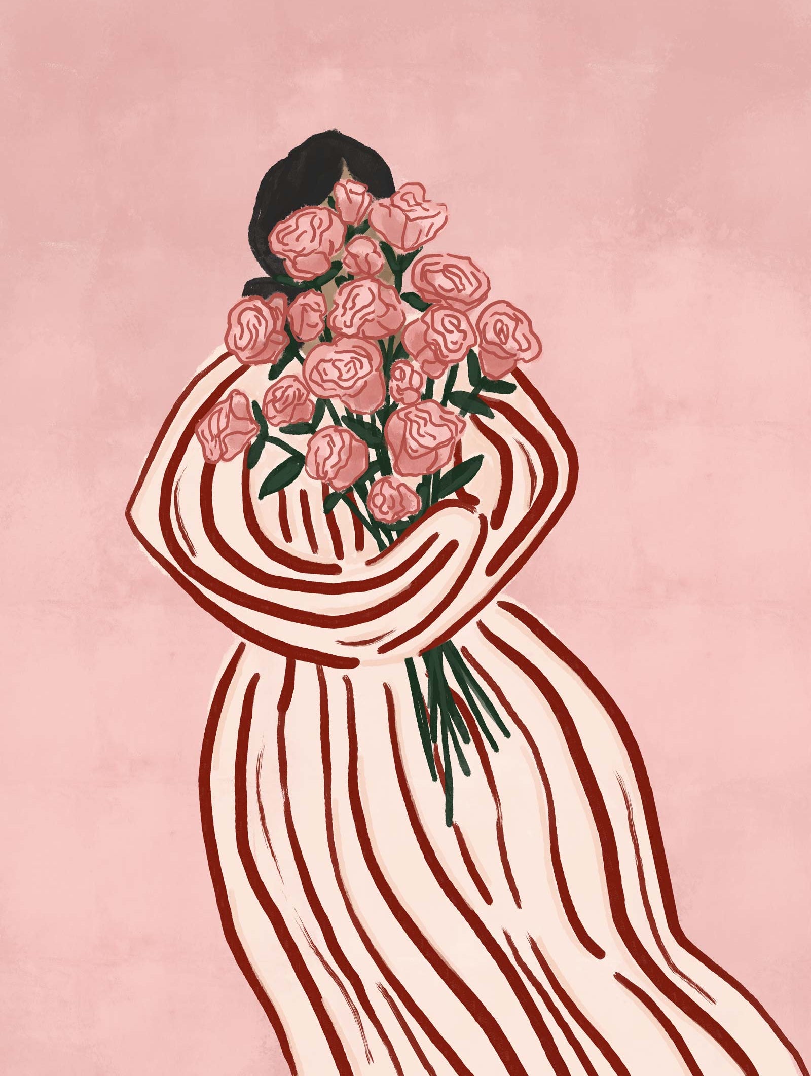 The "Bouquet of Flowers Art Print" by Mimi & August showcases a hand-illustrated person in a striped outfit holding pink roses against a muted pink background.
