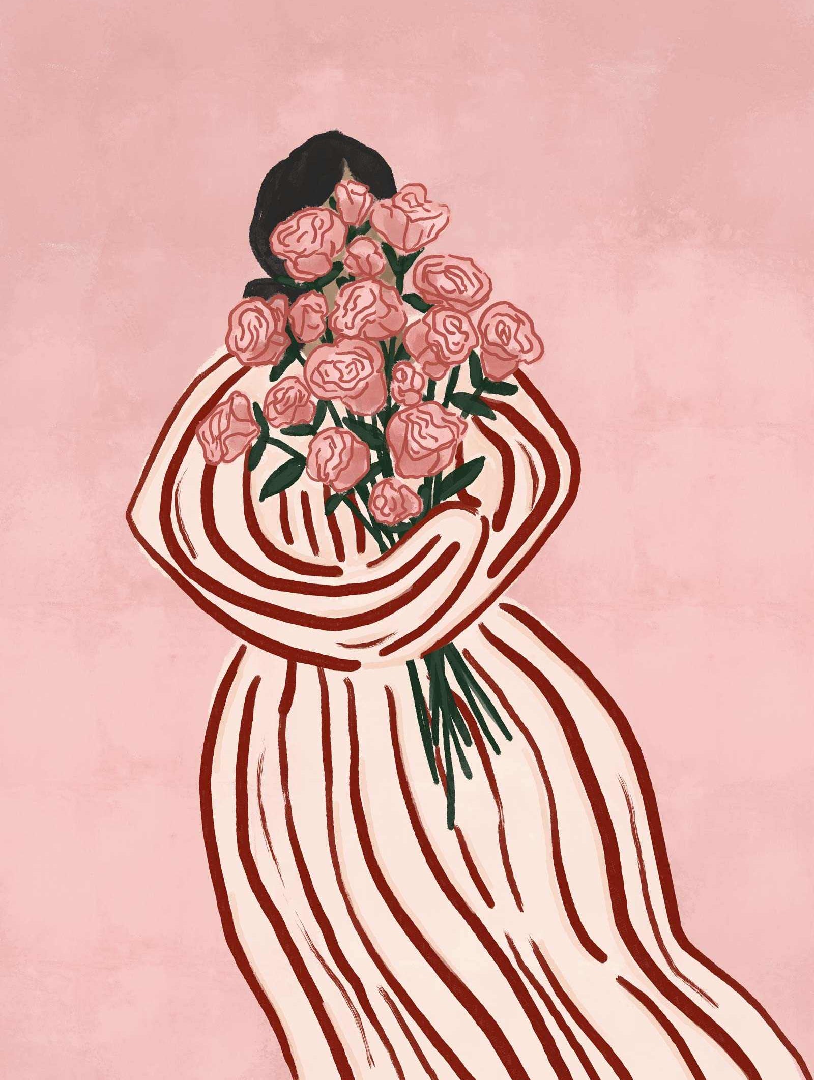 Hand-illustrated Bouquet of Flowers art print with pink roses on soft pink background