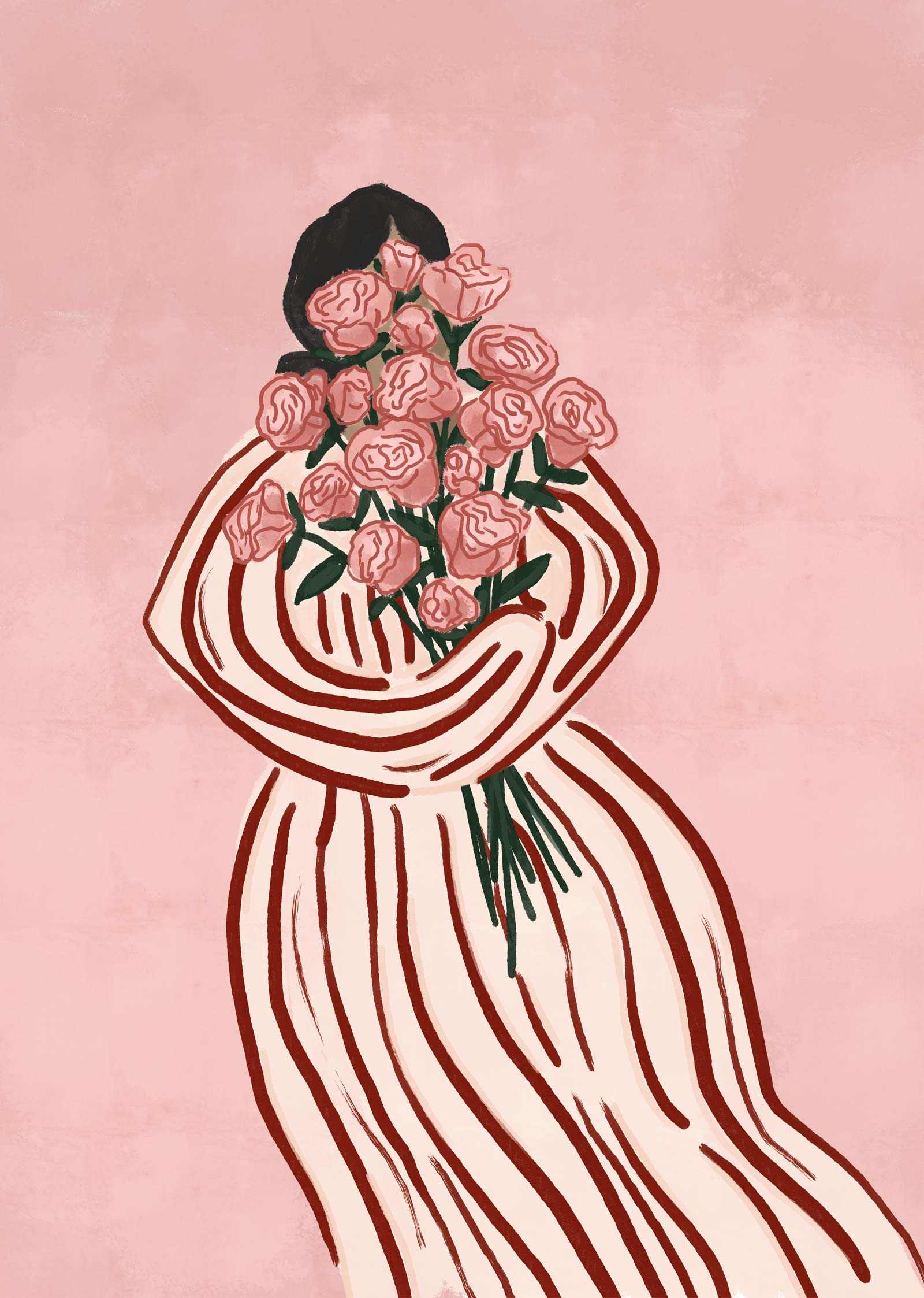 Hand-illustrated Bouquet of Flowers art print with pink roses on soft pink background