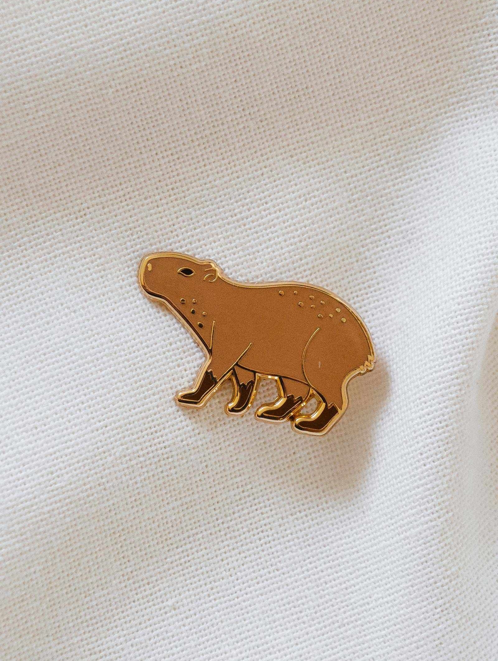 Colorful capybara enamel pin handcrafted in gold tone brass, 38mm size, designed in Montreal