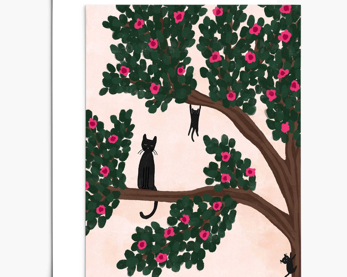 Mother cat and kittens playing in tree on Mother's Day card with recycled paper and compostable packaging