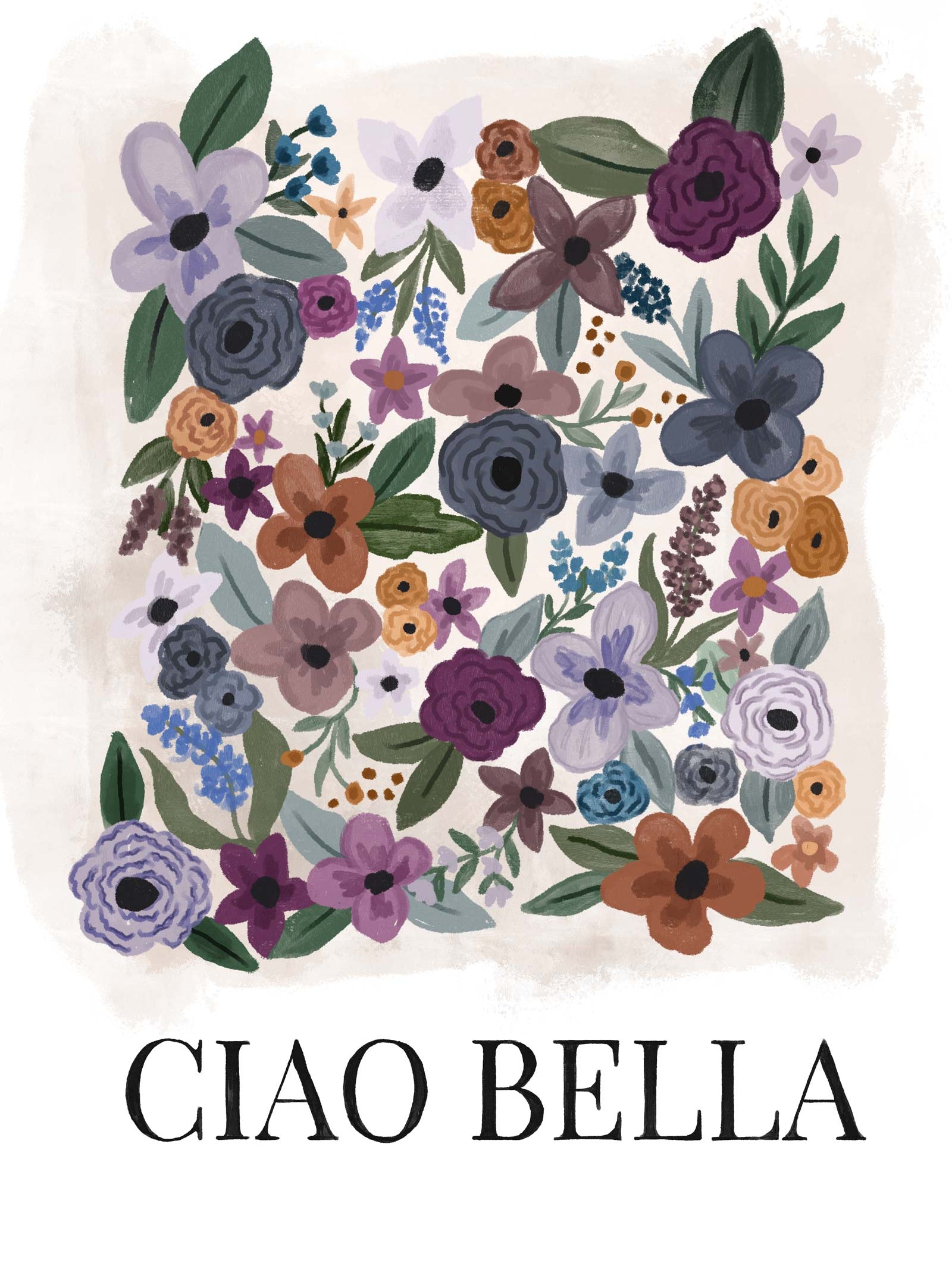 The Ciao Bella Art Print by Mimi & August features a vibrant illustration of colorful flowers, reminiscent of Italian street art, with "CIAO BELLA" inscribed at the bottom.