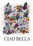 The Ciao Bella Art Print by Mimi & August features a vibrant illustration of colorful flowers, reminiscent of Italian street art, with "CIAO BELLA" inscribed at the bottom.