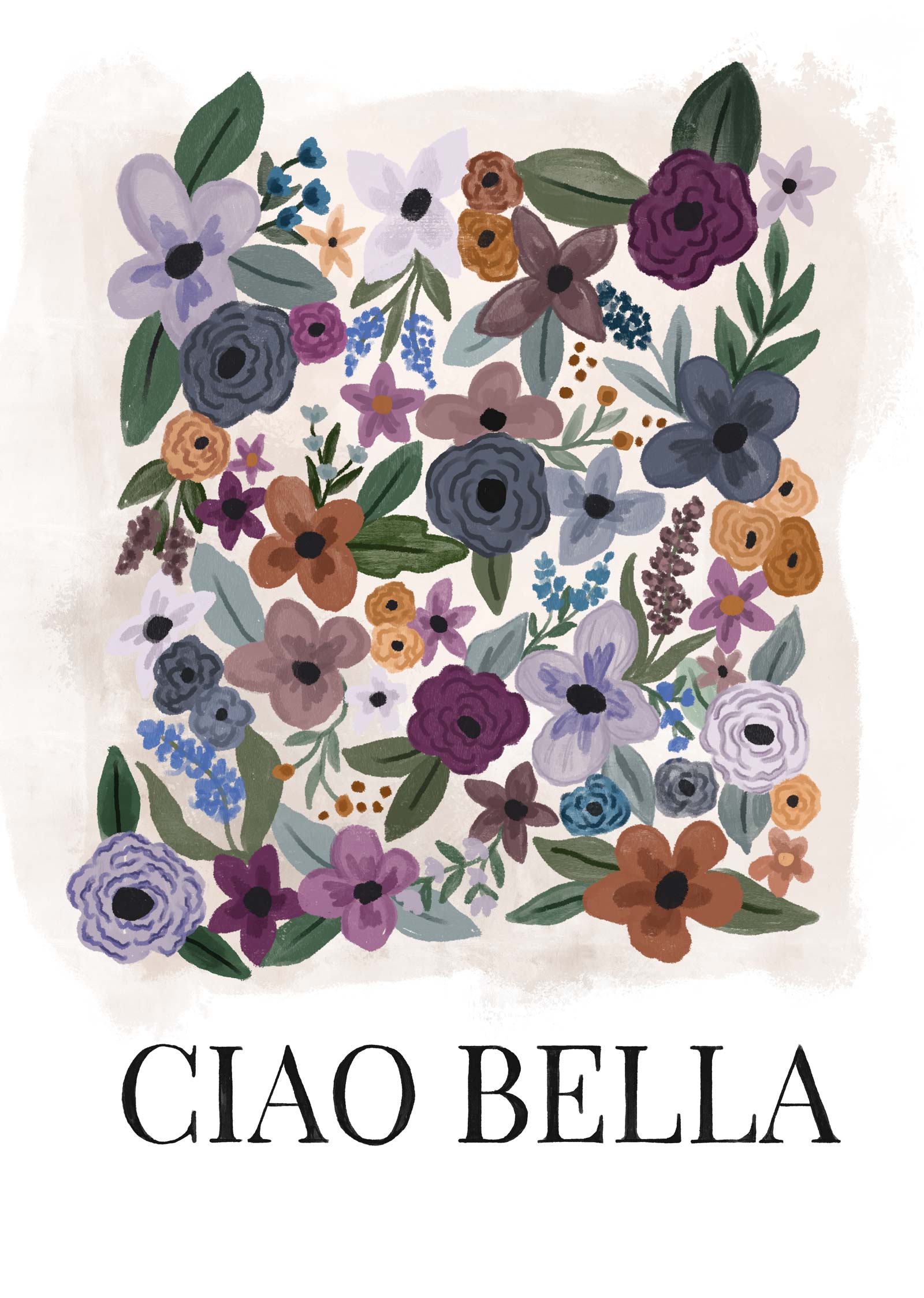 The Ciao Bella Art Print by Mimi & August features a vibrant illustration of colorful flowers, reminiscent of Italian street art, with "CIAO BELLA" inscribed at the bottom.