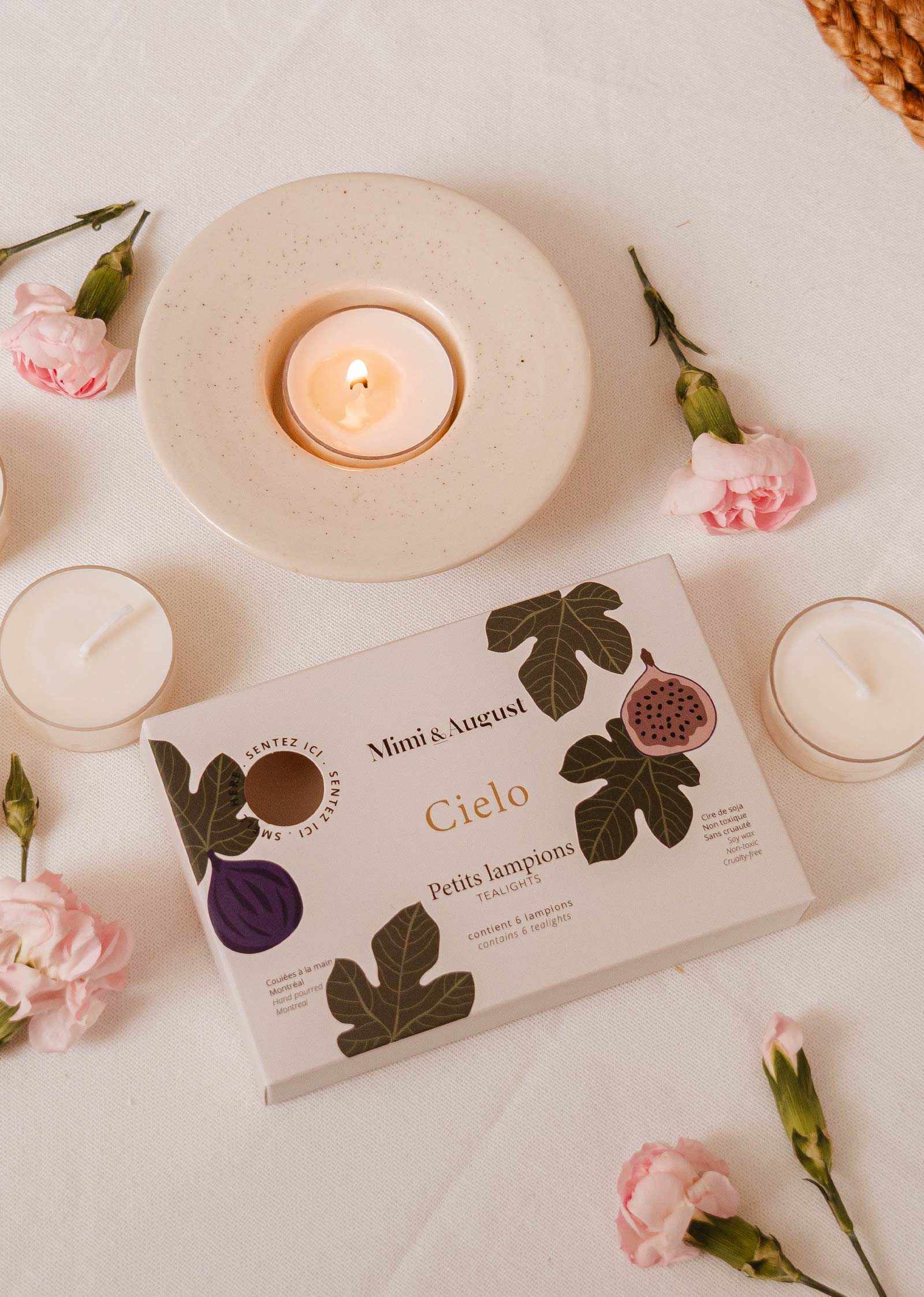 Coffret de lampions figue Cielo de Mimi & August avec six bougies rondes au parfum de figue, cassis et ambre.