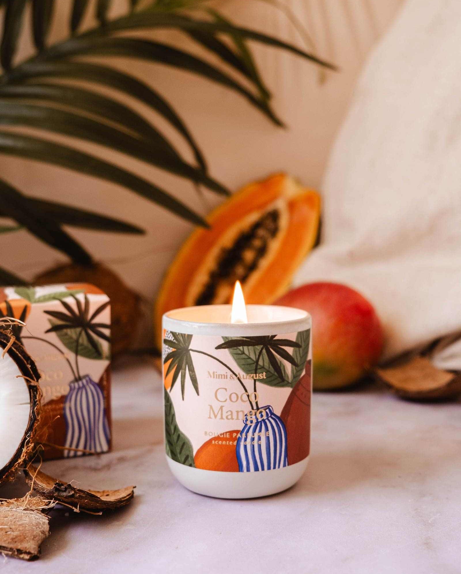 Coco Mango Reusable Candle in ceramic jar with tropical coconut mango scent
