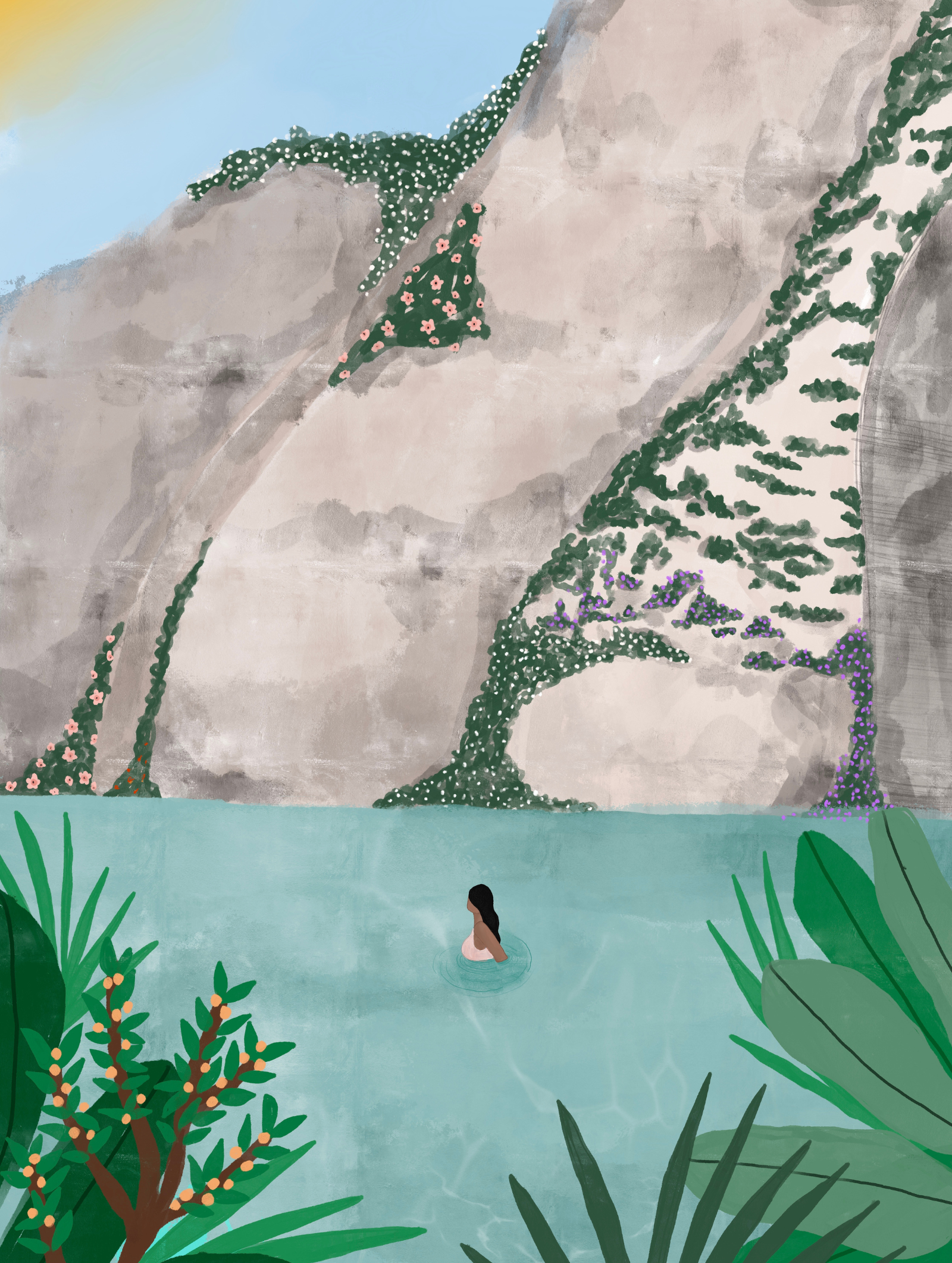 A person swims in a blue lake surrounded by tall cliffs adorned with vibrant flowers and green foliage under a partly sunny sky, as if stepping into a Costa Art Print by Mimi & August.
