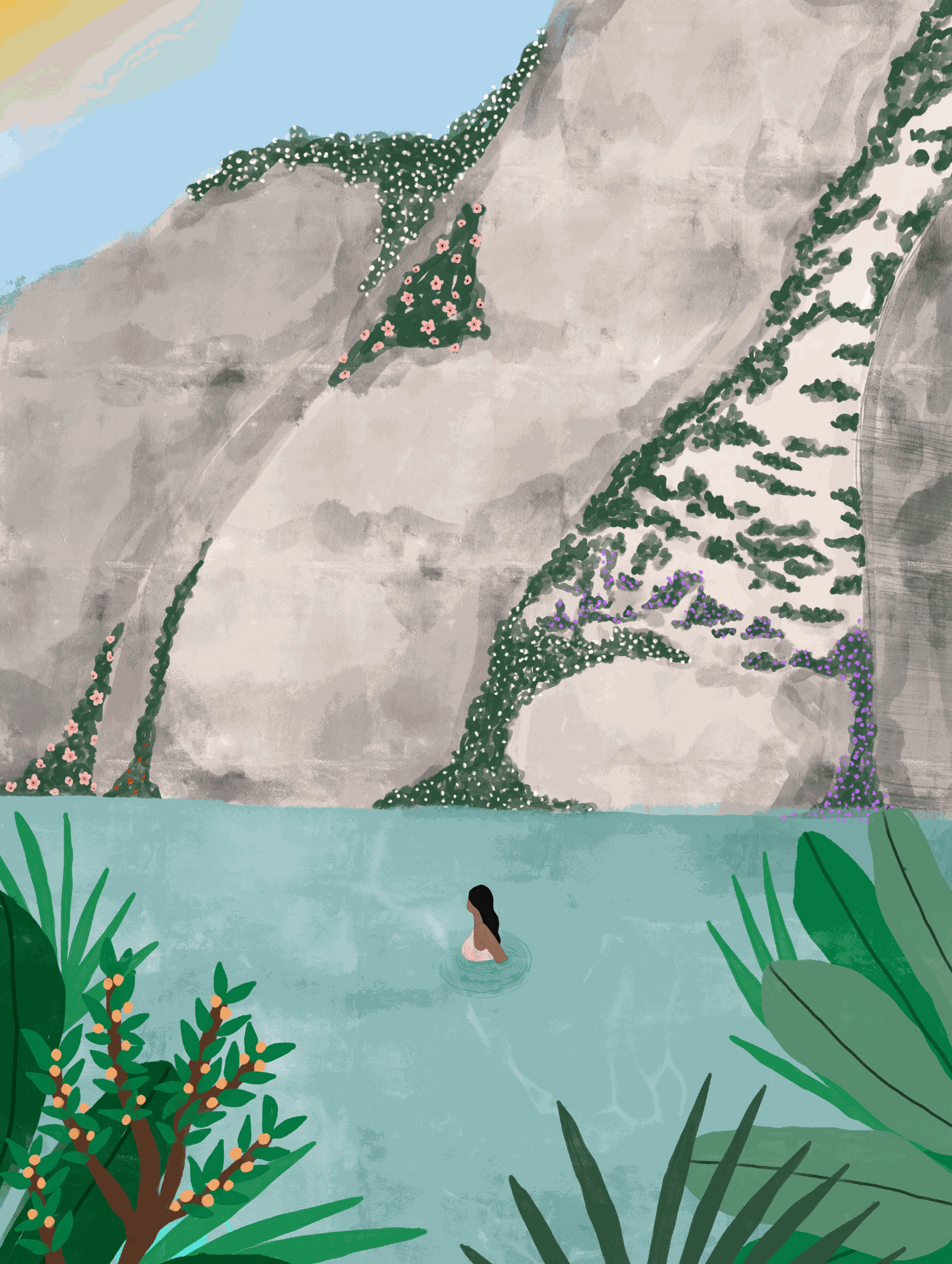 Costa Art Print showing swimmer in blue lake with cliffs and flowers