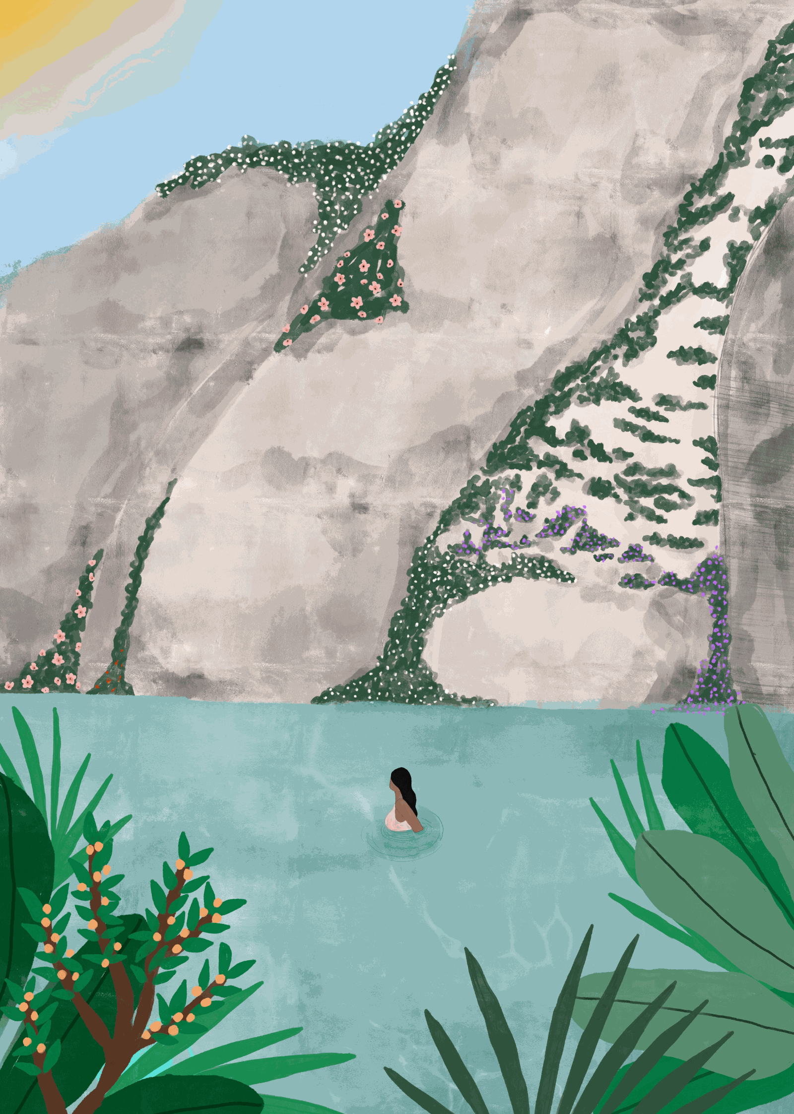 Costa Art Print showing swimmer in blue lake with cliffs and flowers