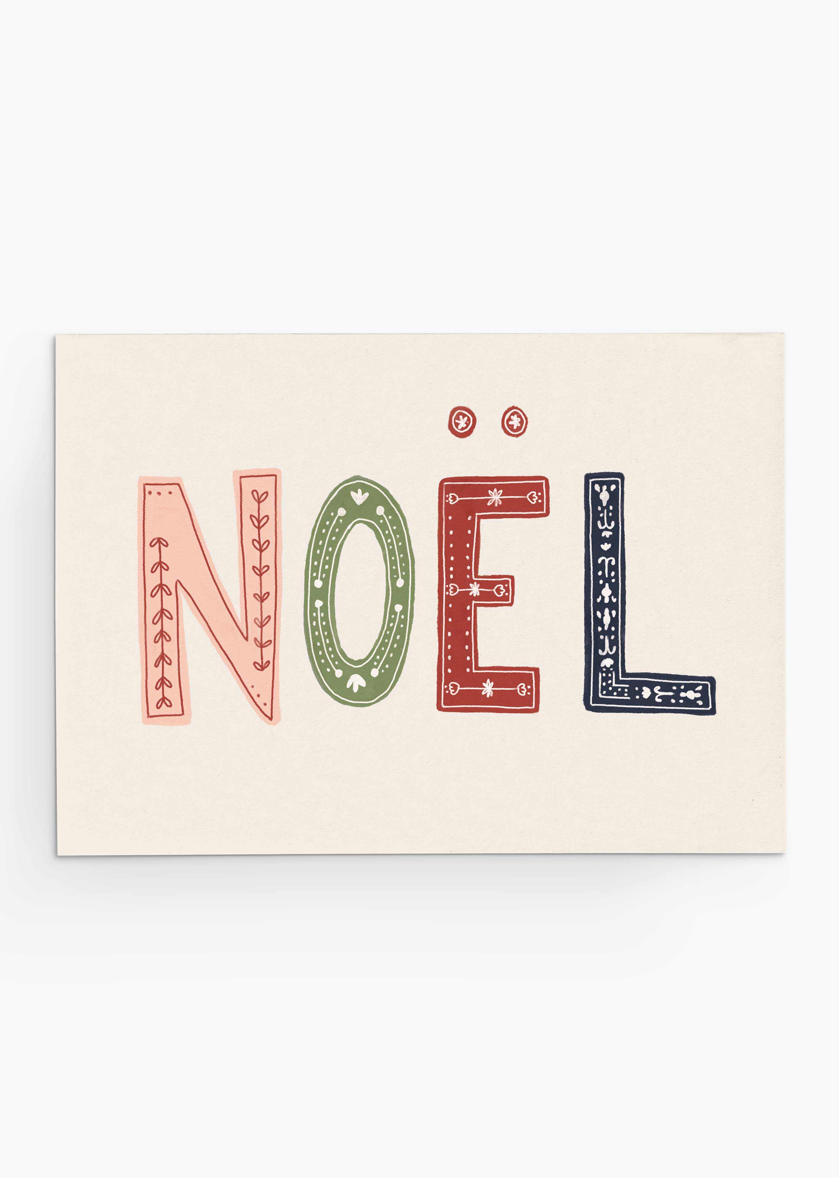 Hand-drawn Enchanted Christmas card with vibrant Noël letters on recycled paper
