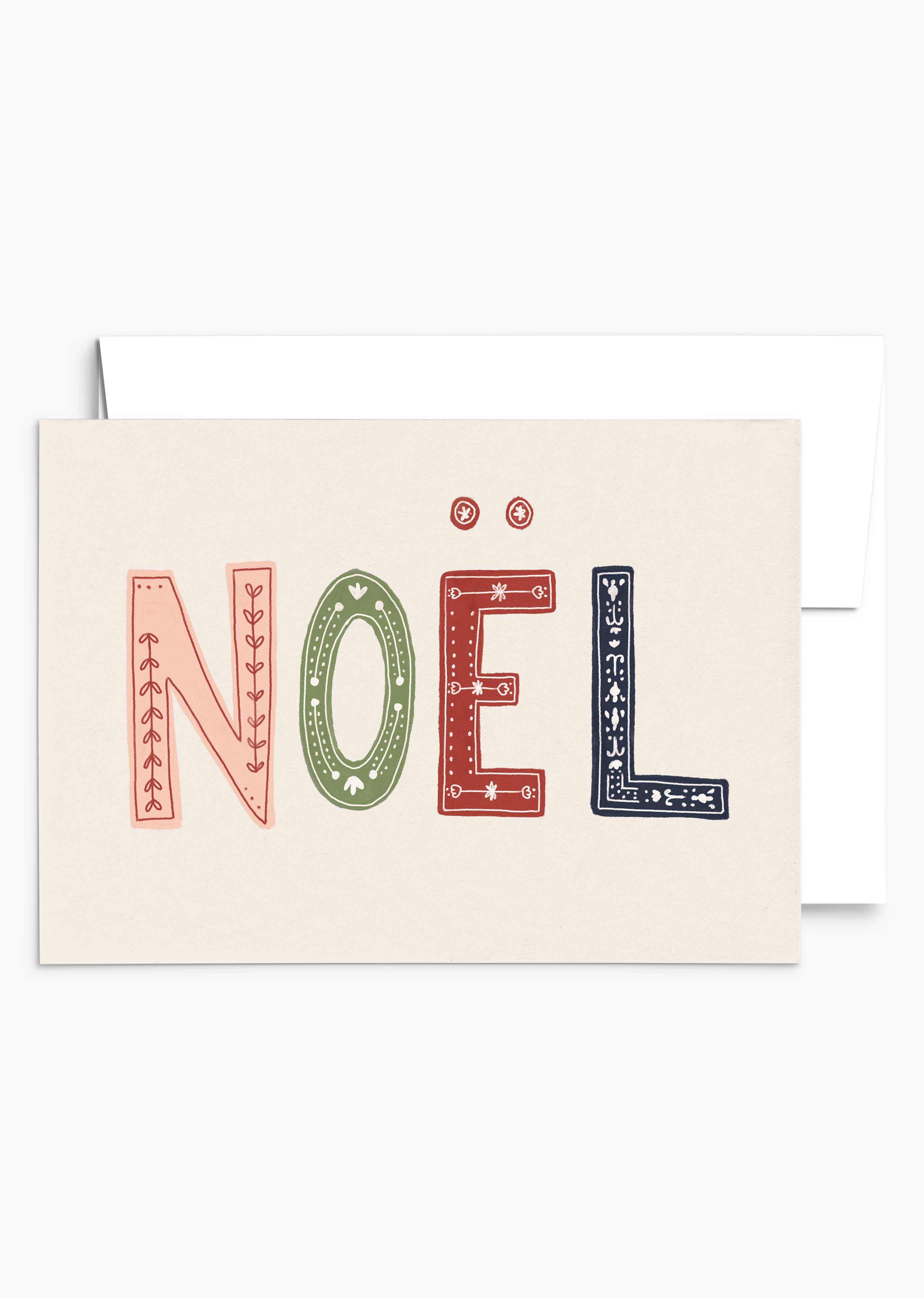 An Enchanted Christmas greeting card from Mimi & August, featuring "NOËL" in decorative letters and crafted on recycled paper.