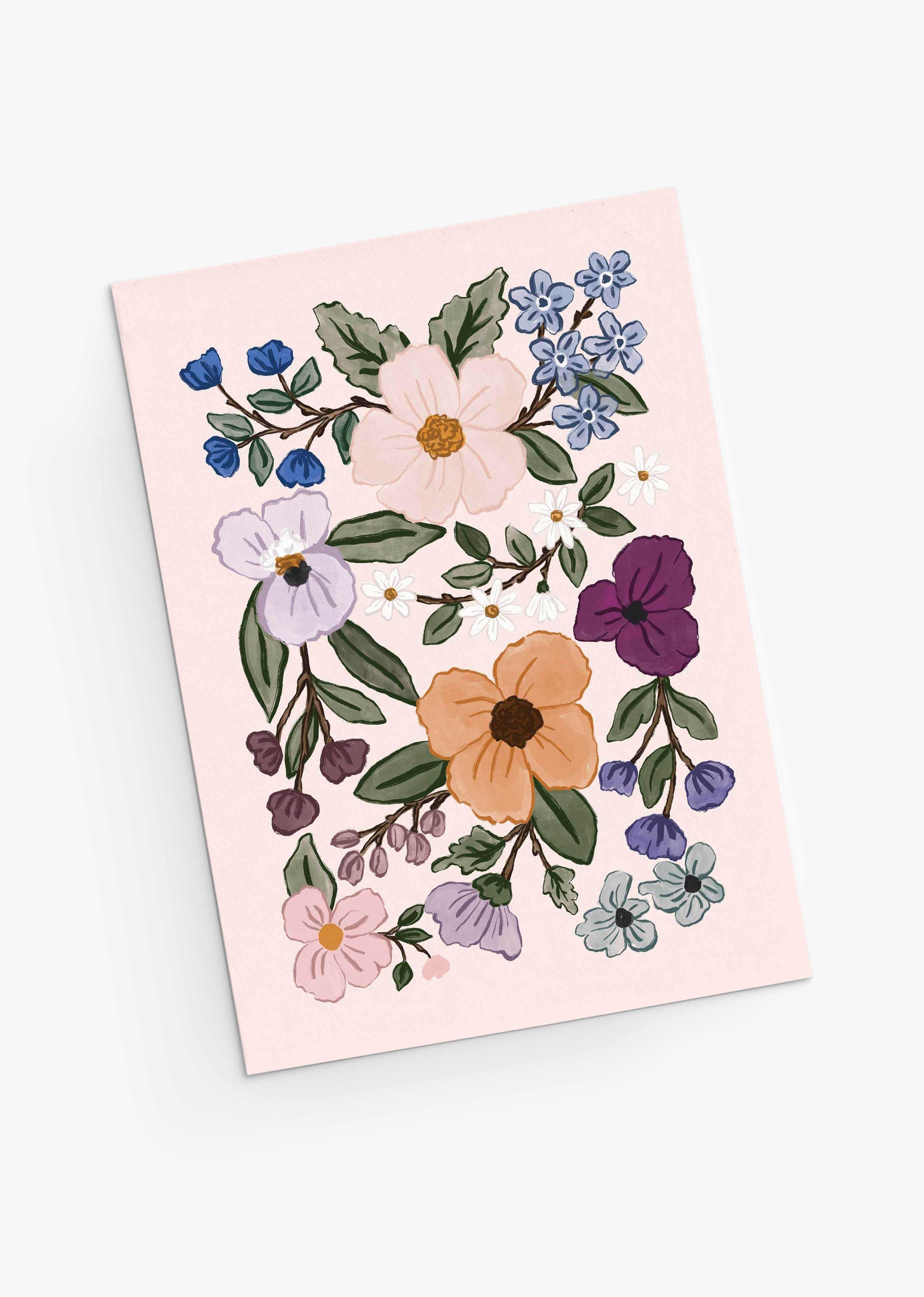 Field of Flowers illustrated floral greeting card with colorful bouquet on recycled paper