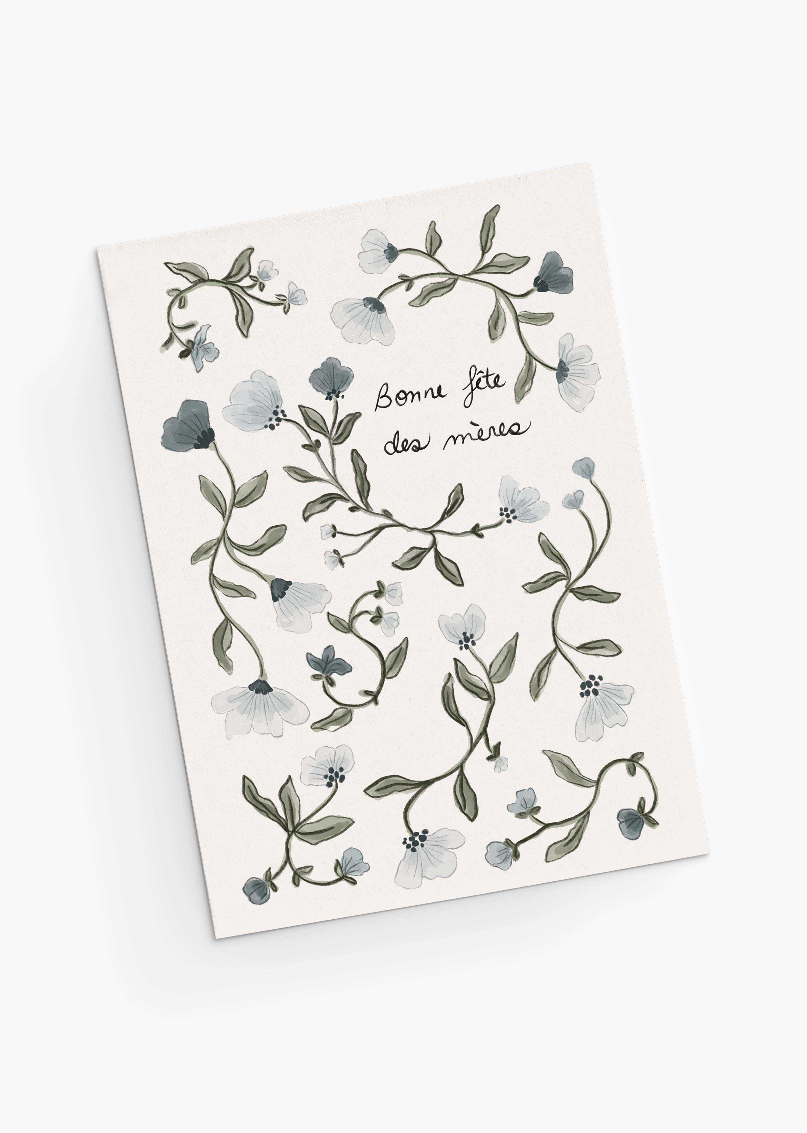 Blue Flower Mother's Day Greeting Card with hand-drawn blue florals and "Bonne fête des mères" message on recycled paper