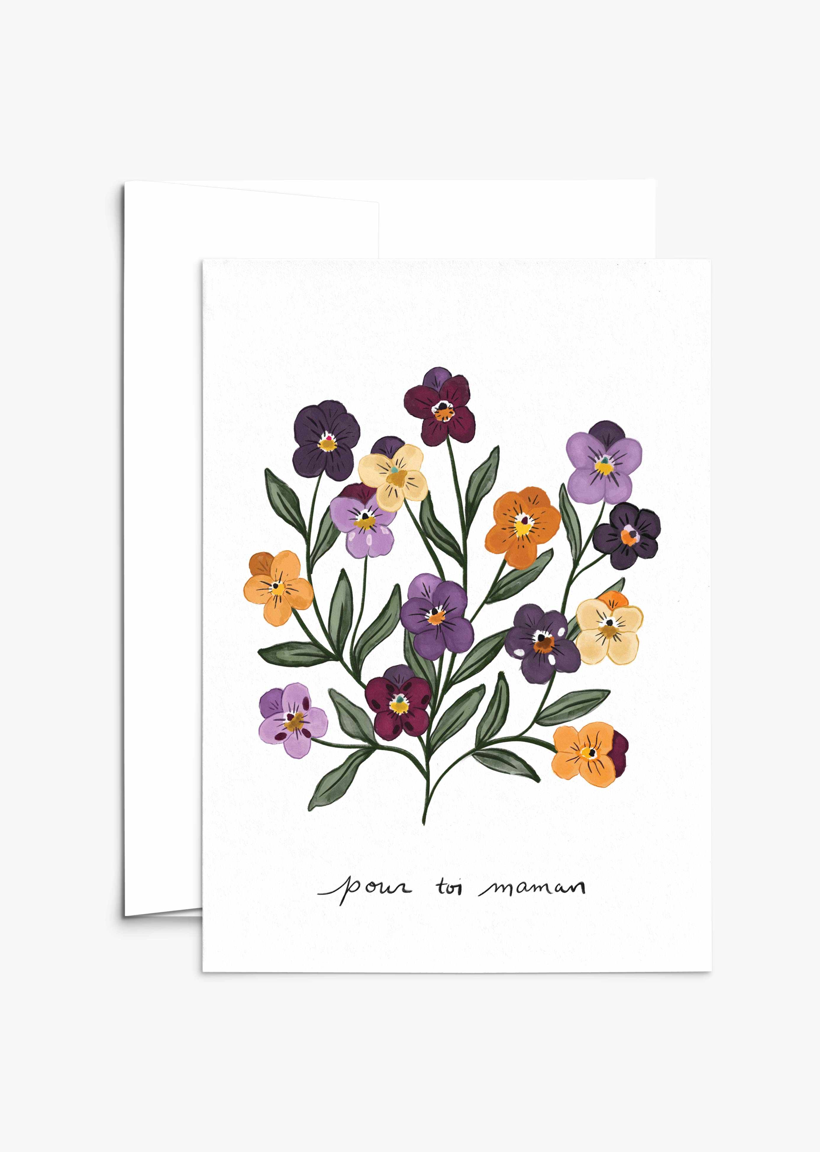 Violet Mother’s Day Greeting Card with hand-drawn purple, yellow, and orange flowers and "Pour toi maman" message