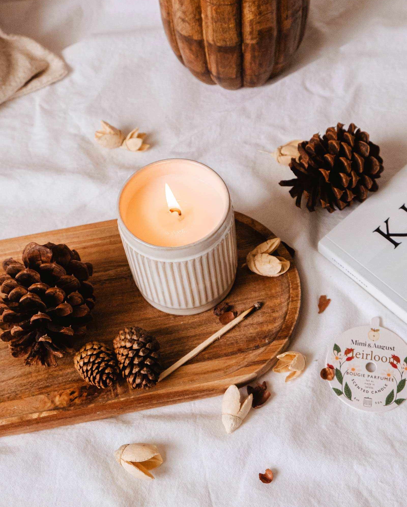 Heirloom - Reusable Candle with chestnut, clove, and cedar scent in ceramic and glass containers for a calm atmosphere
