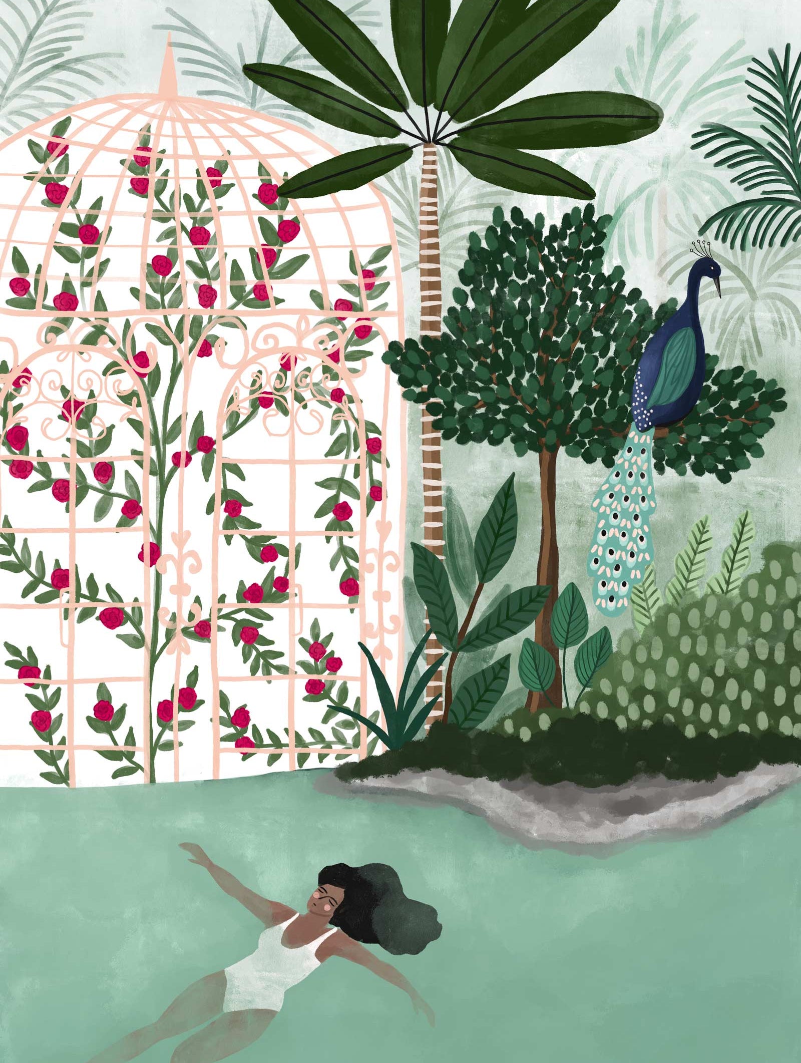 An illustration of a woman swimming in a pool with a Peacock by mimi and august