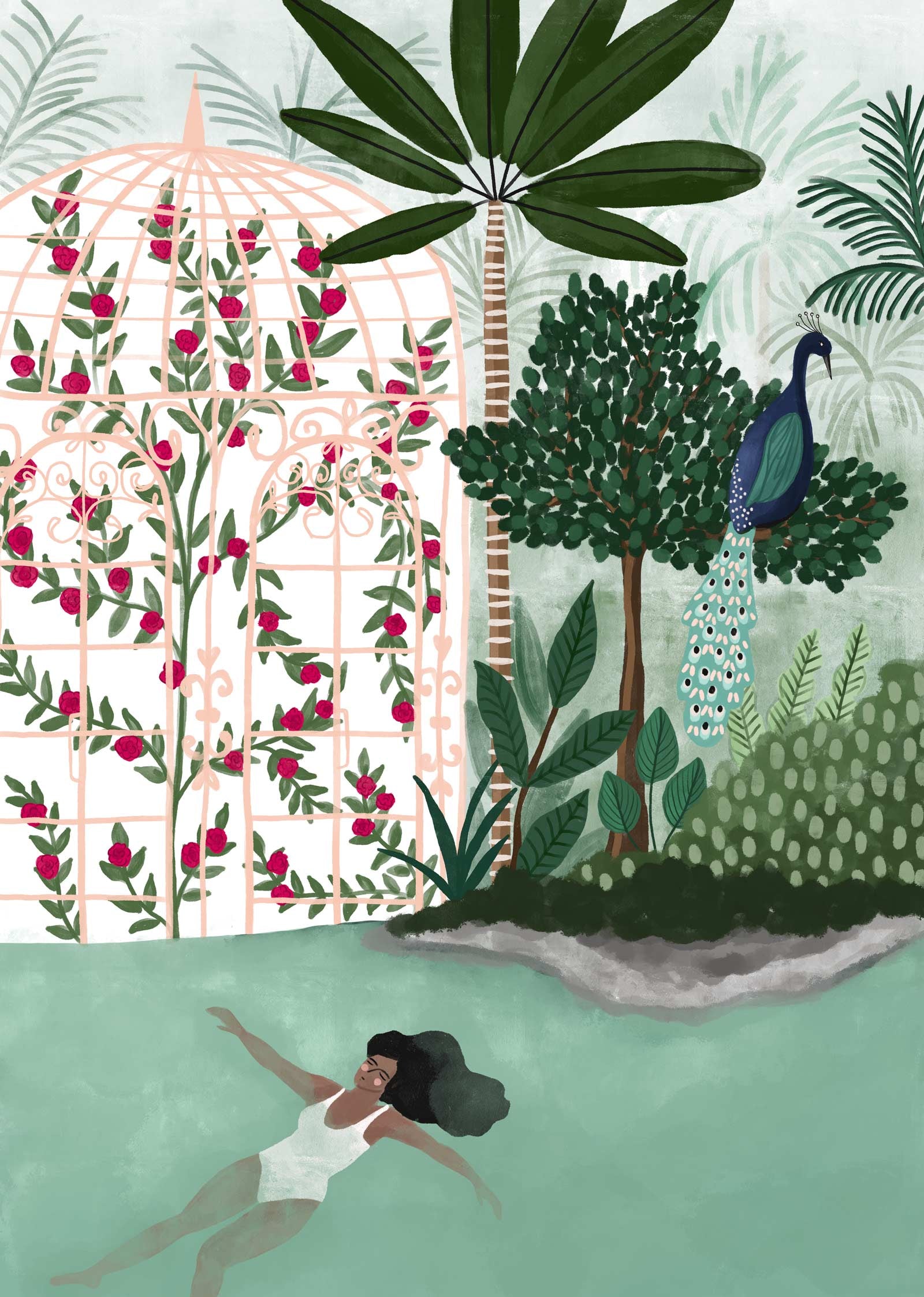 An illustration of a woman swimming in a pool with a Peacock by mimi and august