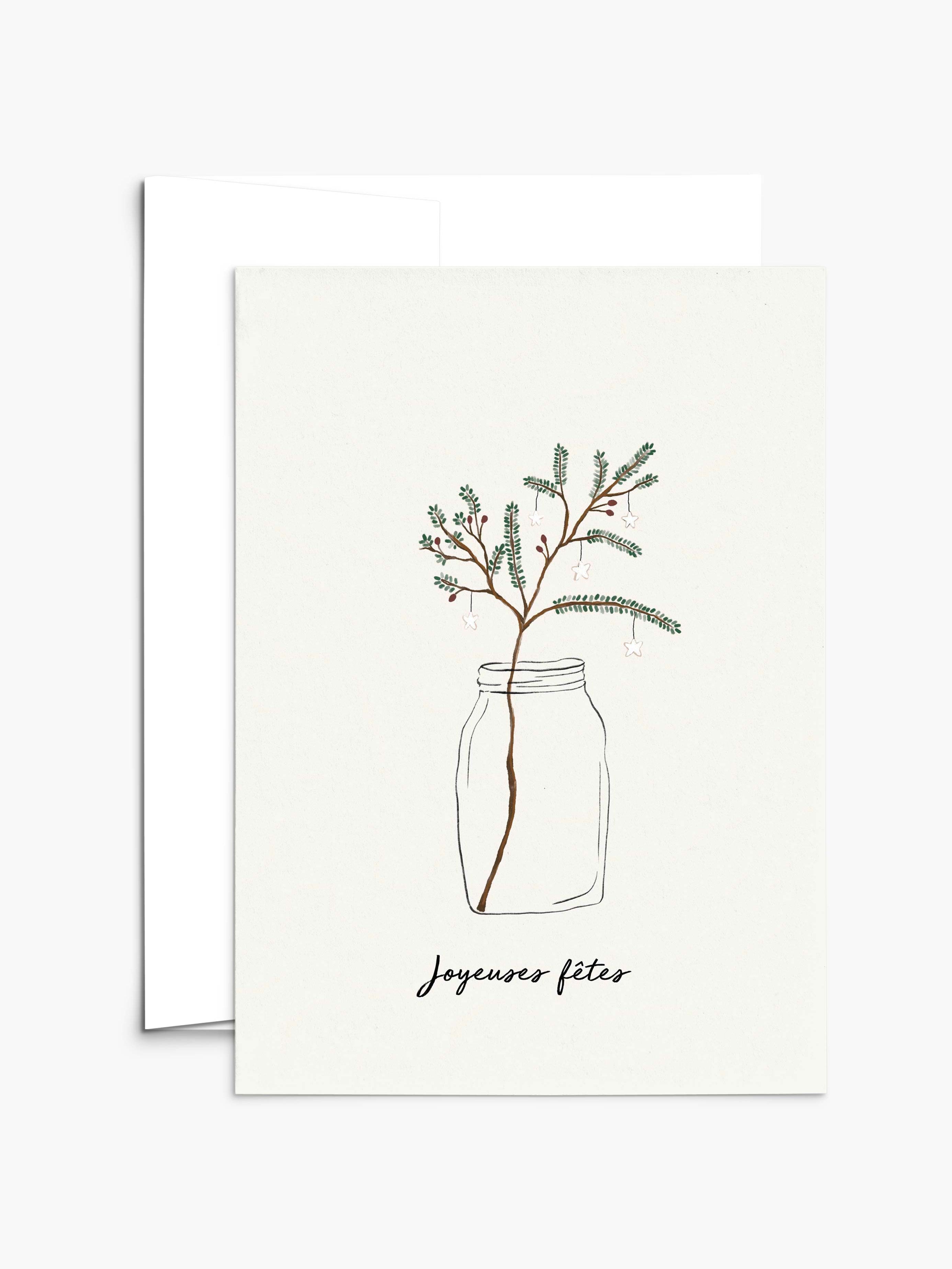 The Mimi & August Christmas Tree Branch Greeting Card is printed on recycled paper, features a simple pine branch in a jar with "Joyeuses fêtes" below, and is blank inside for your personal message.