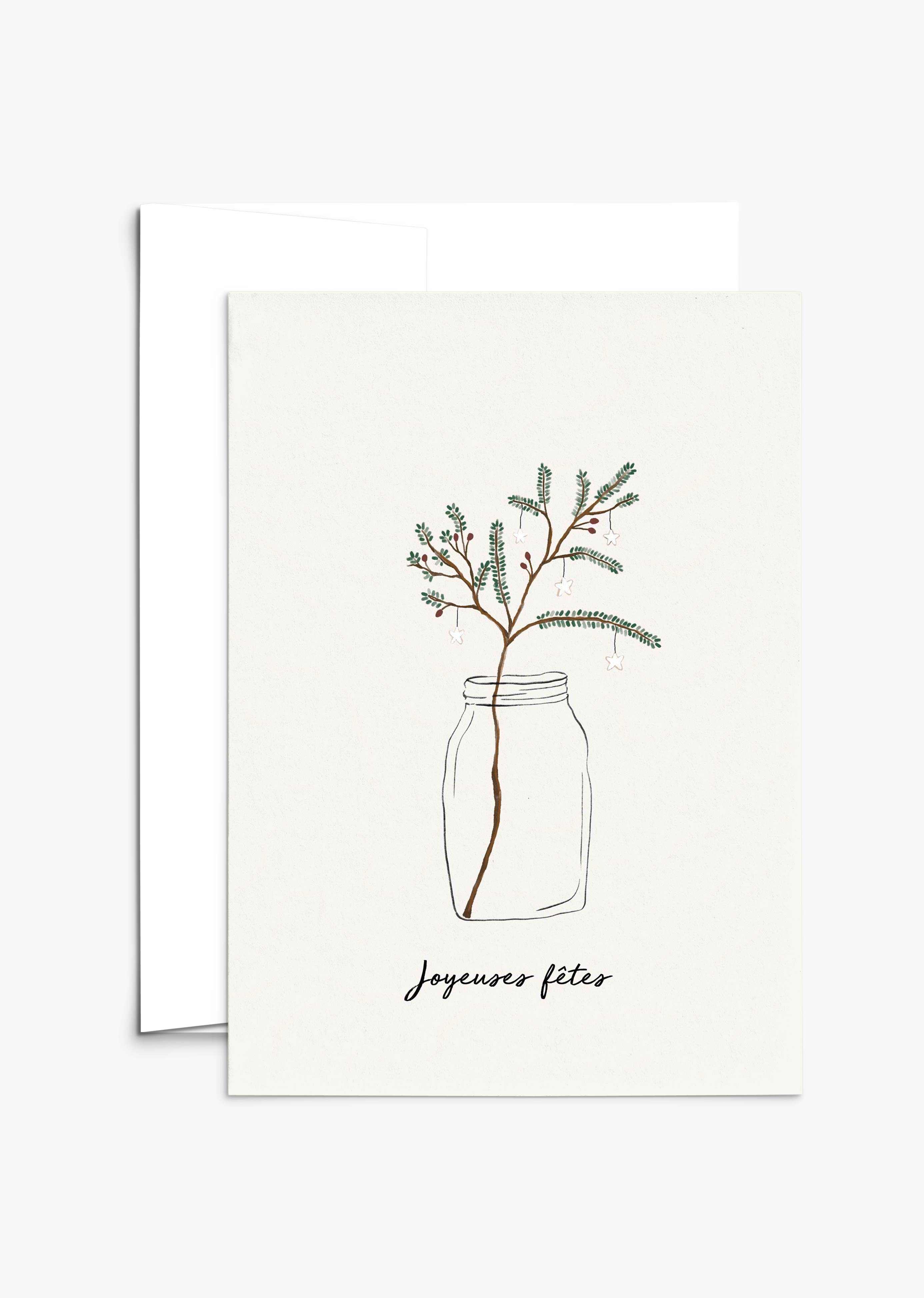 Minimalist Christmas Tree Branch Greeting Card with evergreen branch in glass jar on recycled paper