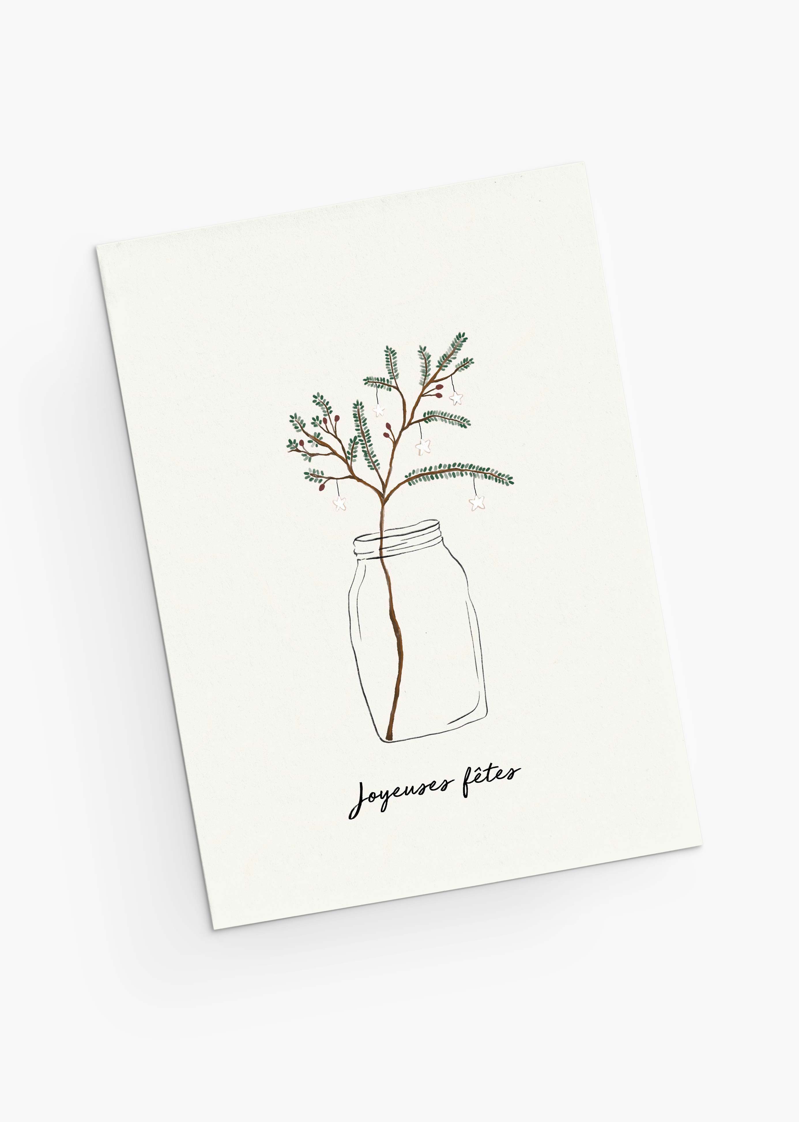 The Mimi & August Christmas Tree Branch Greeting Card features a festive branch in a glass jar and “Joyeuses fêtes” text, is blank inside for your message, and printed on recycled paper.