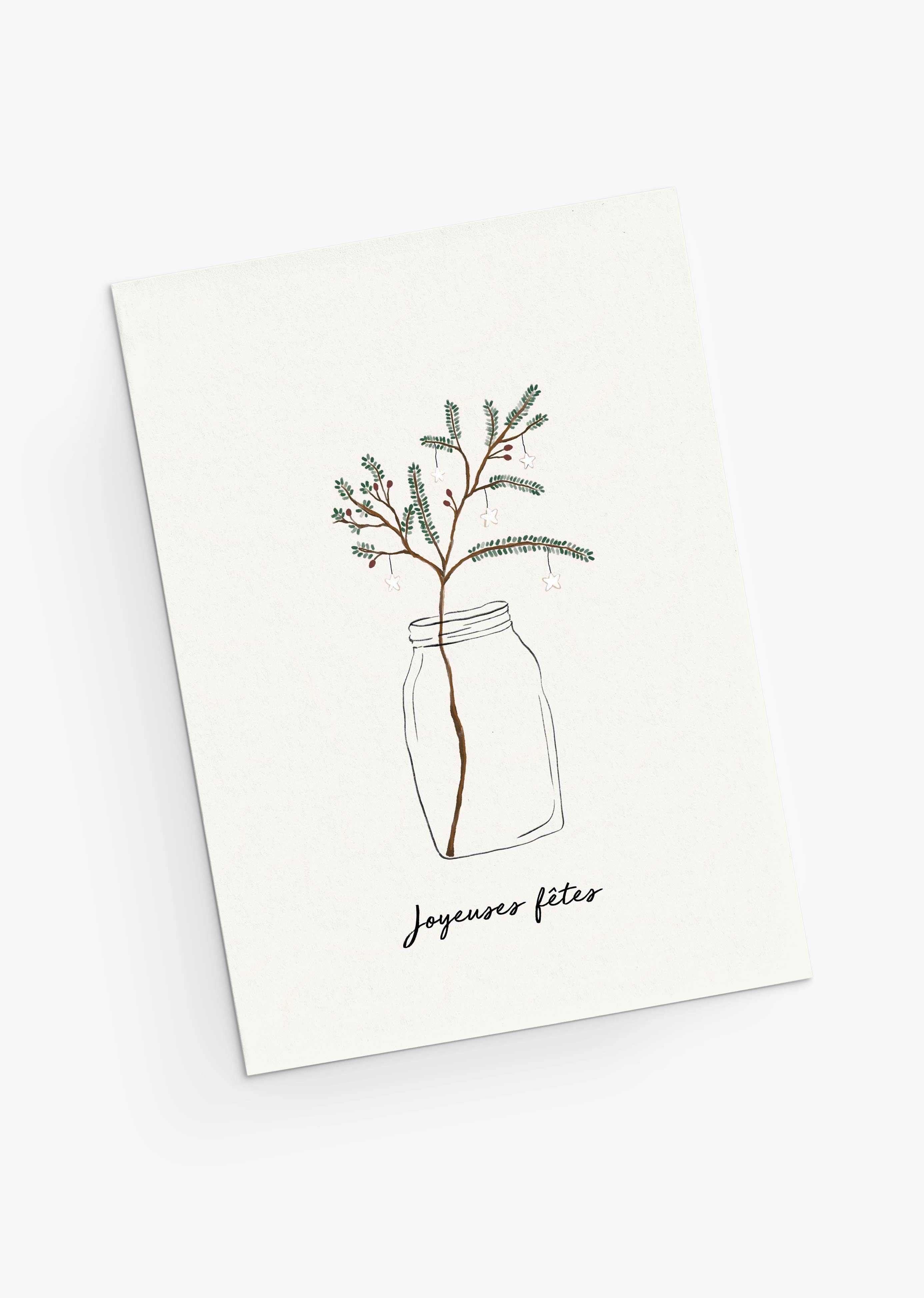 The Mimi & August Christmas Tree Branch Greeting Card features a festive branch in a glass jar and “Joyeuses fêtes” text, is blank inside for your message, and printed on recycled paper.