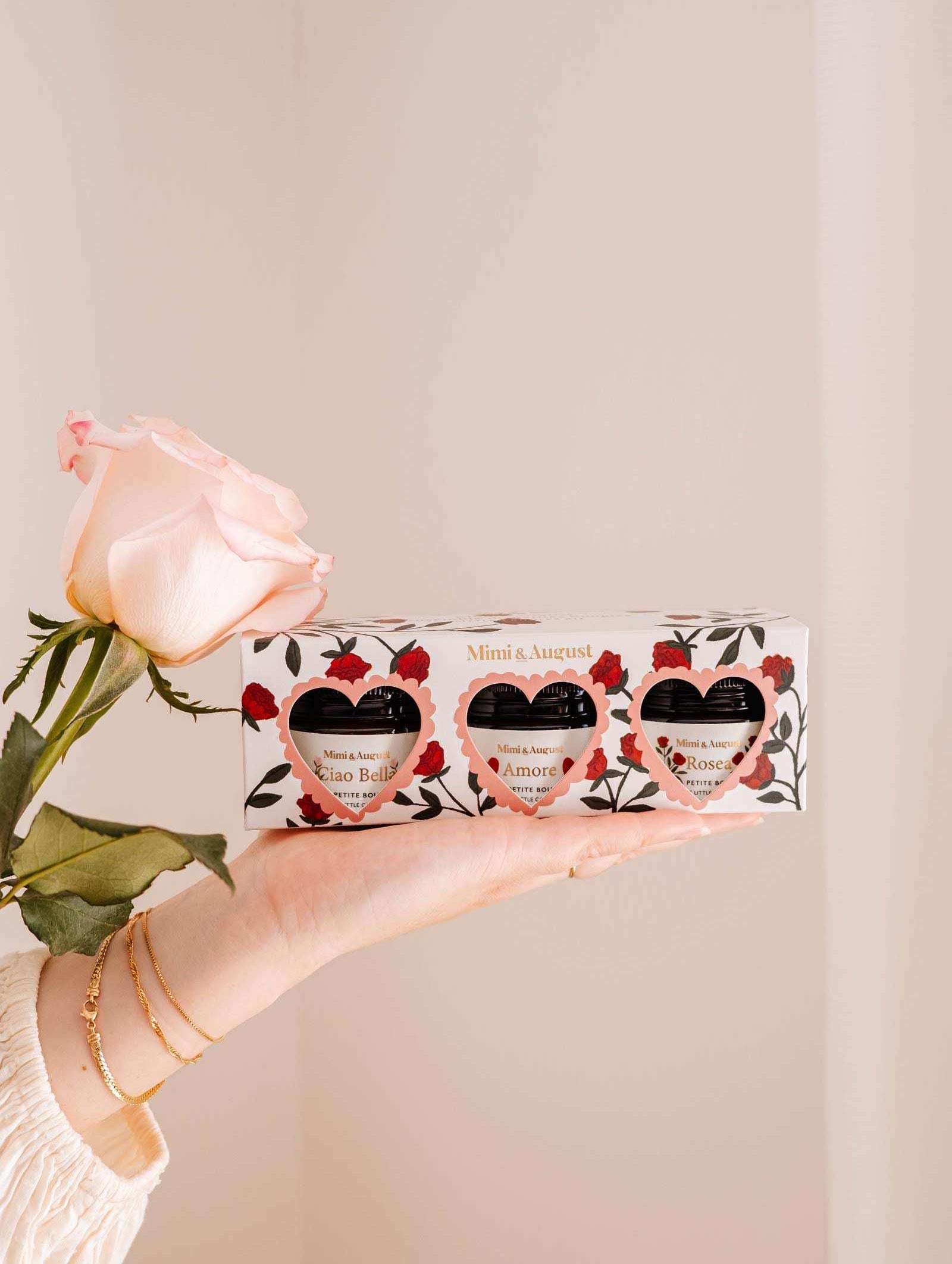 La Romance Box Set featuring three hand-poured soy wax candles with romantic and uplifting scents