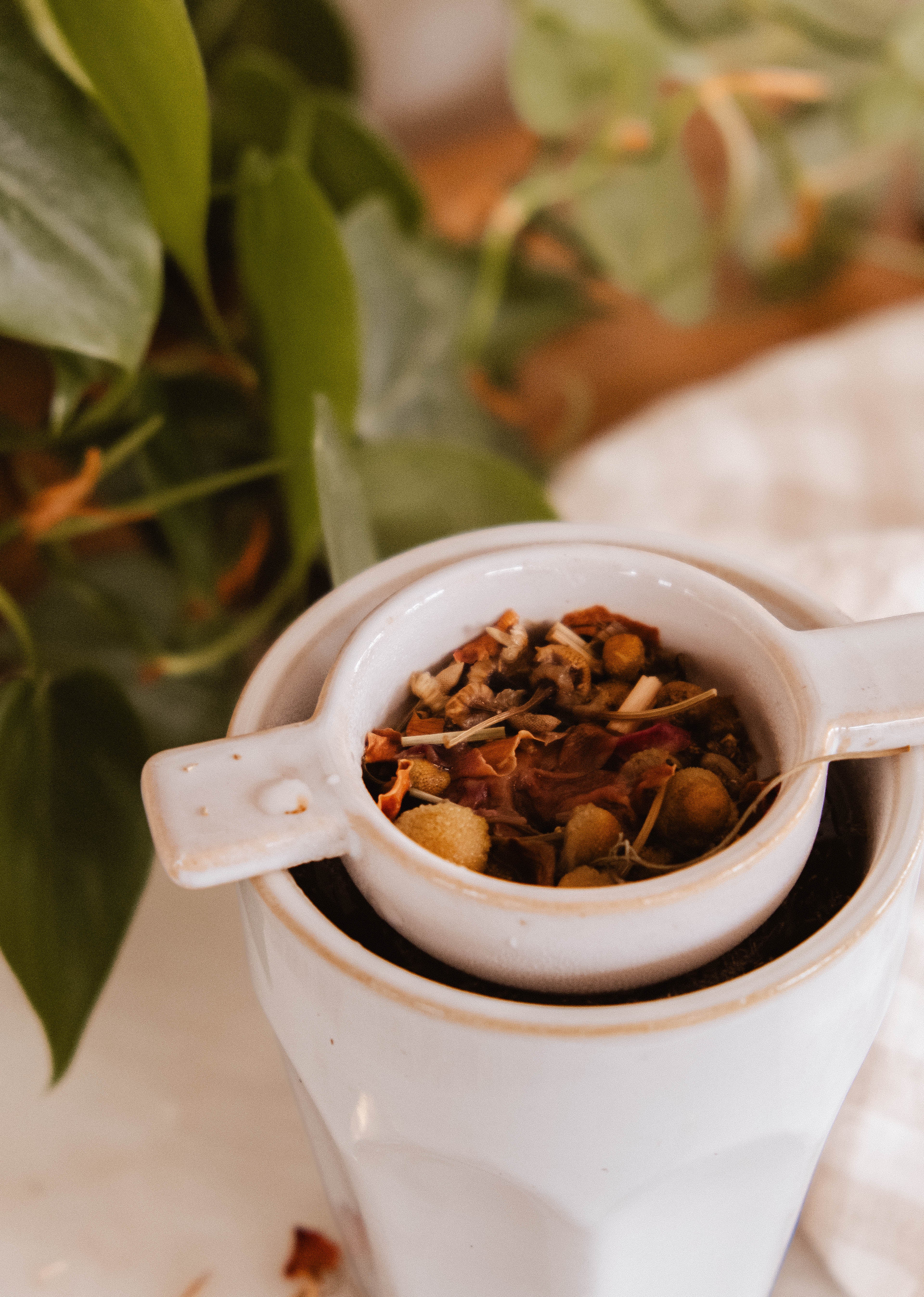 The Infusion Nest – Ceramic Tea Strainer by Mimi & August, filled with loose leaves, rests atop a white mug. A green plant and a checkered cloth add to the scene.