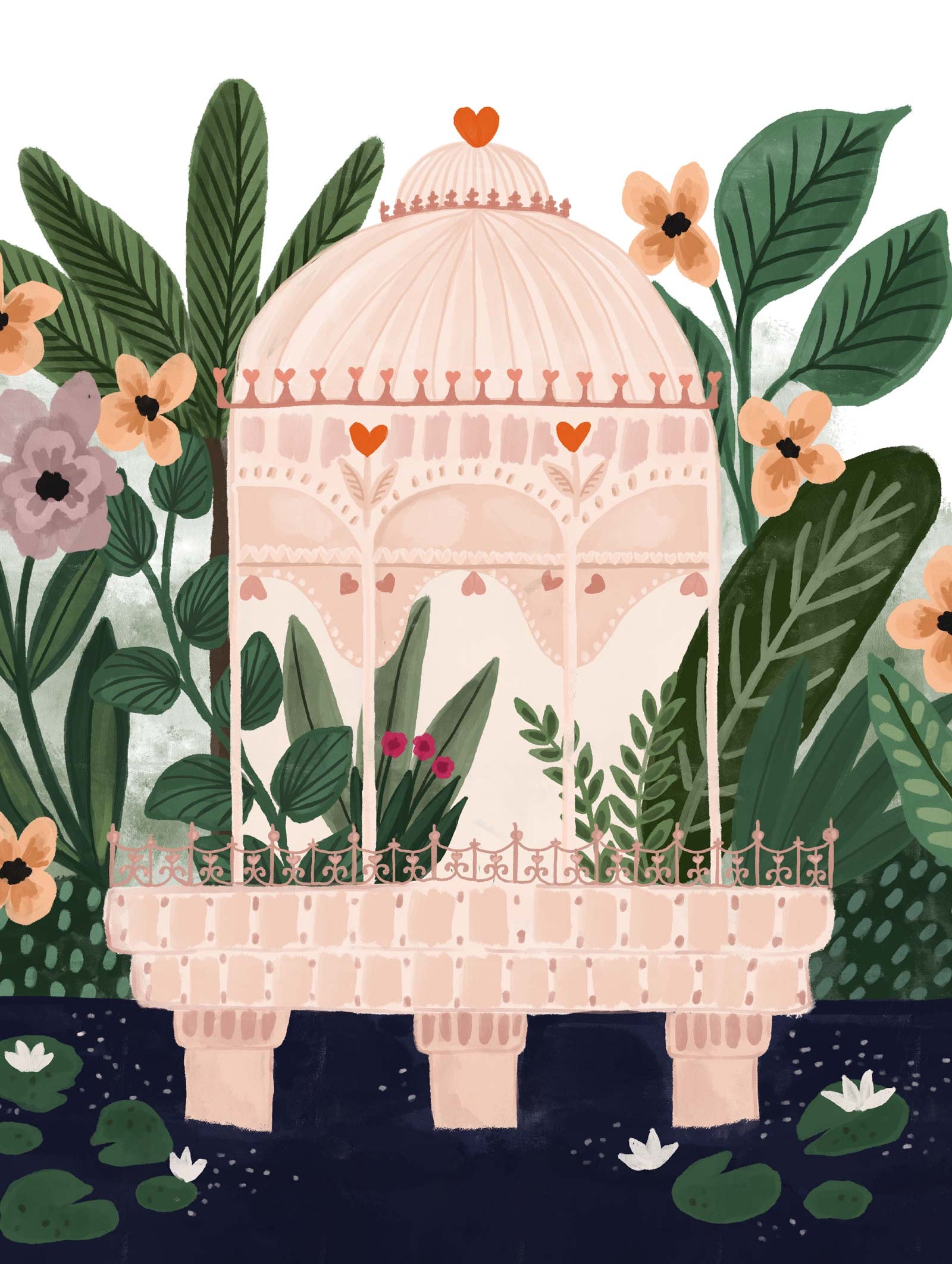 A whimsical illustration of a birdcage, dubbed the "Mimi & August Love Palace art print," surrounded by foliage, with a heart motif on the cage and a serene color palette.