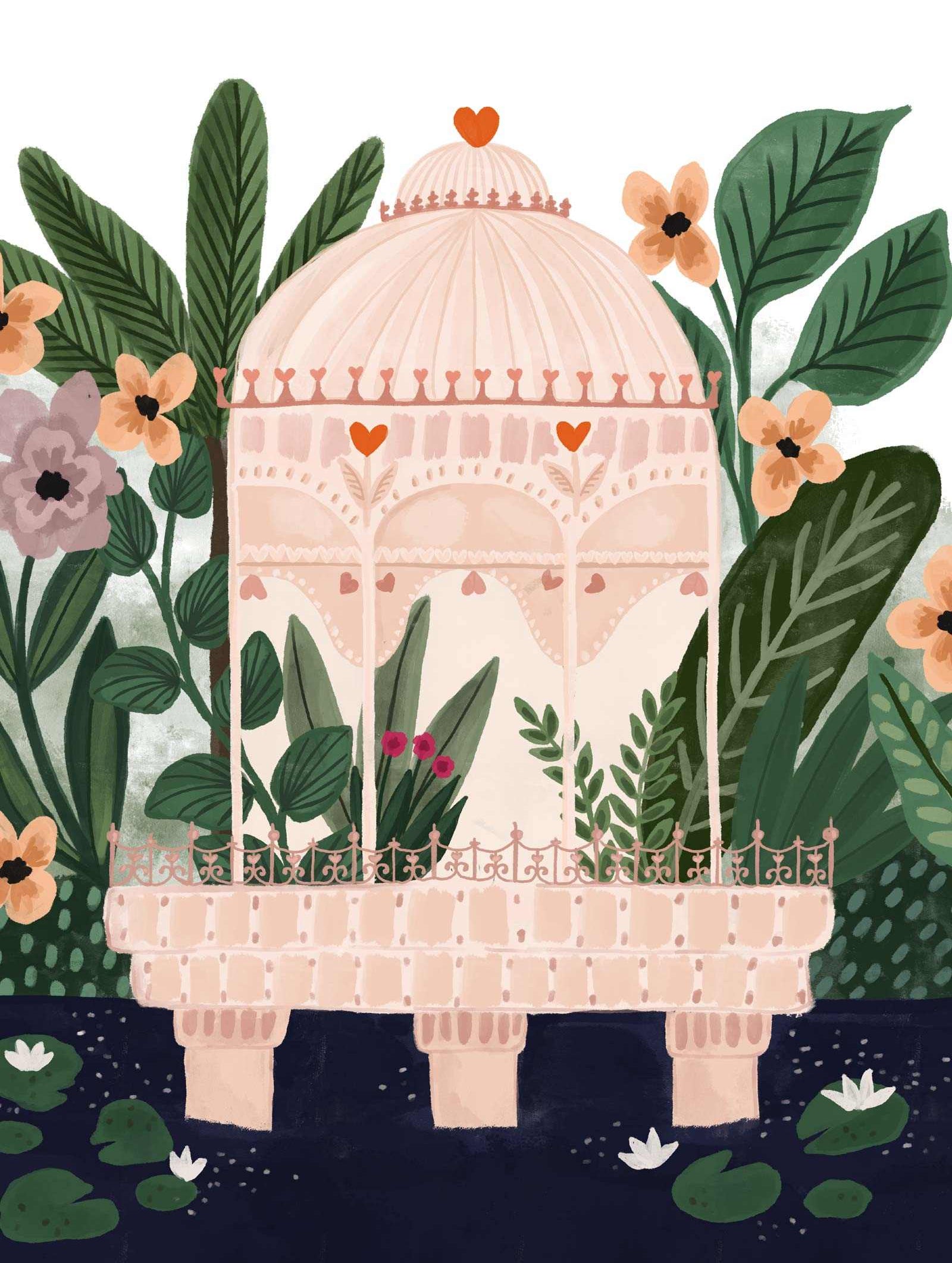 Love Palace art print featuring a vibrant pink palace surrounded by greenery and flowers, full color on recycled paper