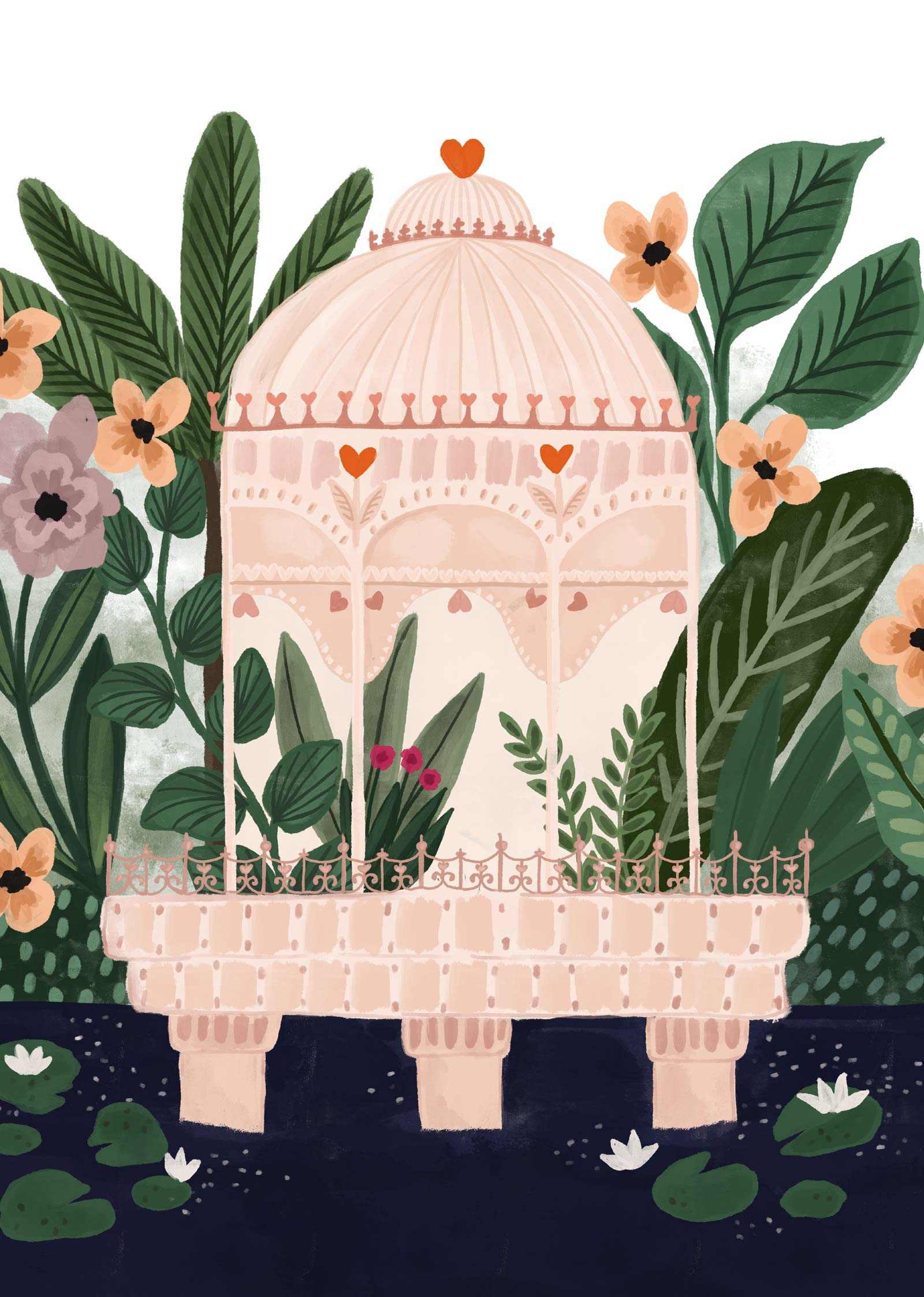 Love Palace art print featuring a vibrant pink palace surrounded by greenery and flowers, full color on recycled paper