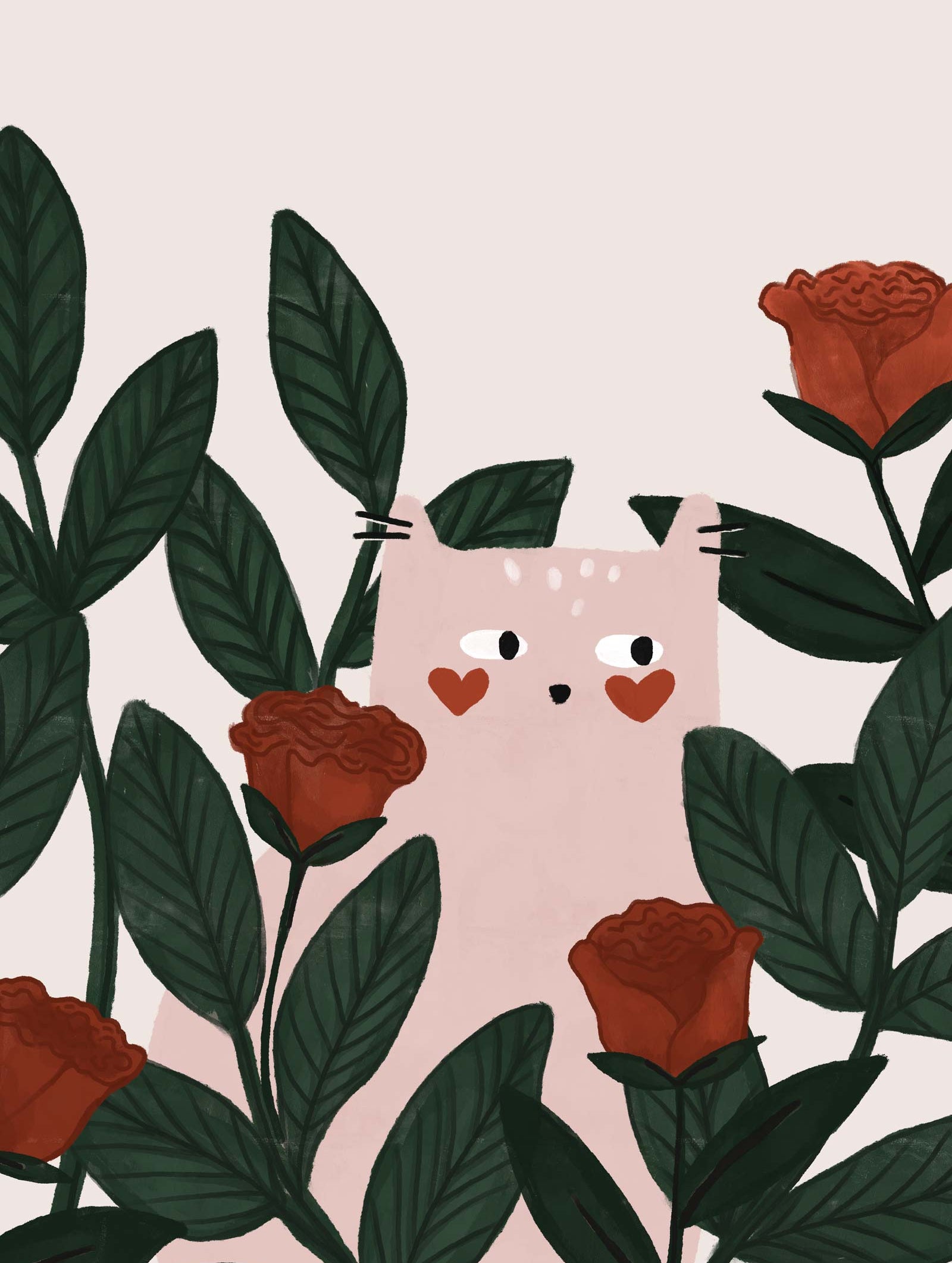 The Lovey Dovey Cat Art Print by Mimi & August features a cute pink cat with heart-shaped cheeks, surrounded by red roses and green leaves, capturing the essence of whimsy in a garden setting.
