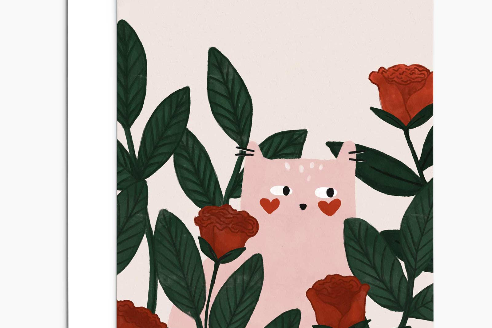 This delightful Lovey Dovey Cat Greeting Card by Mimi & August features a cat with heart-shaped cheeks surrounded by vibrant red roses and lush green leaves.